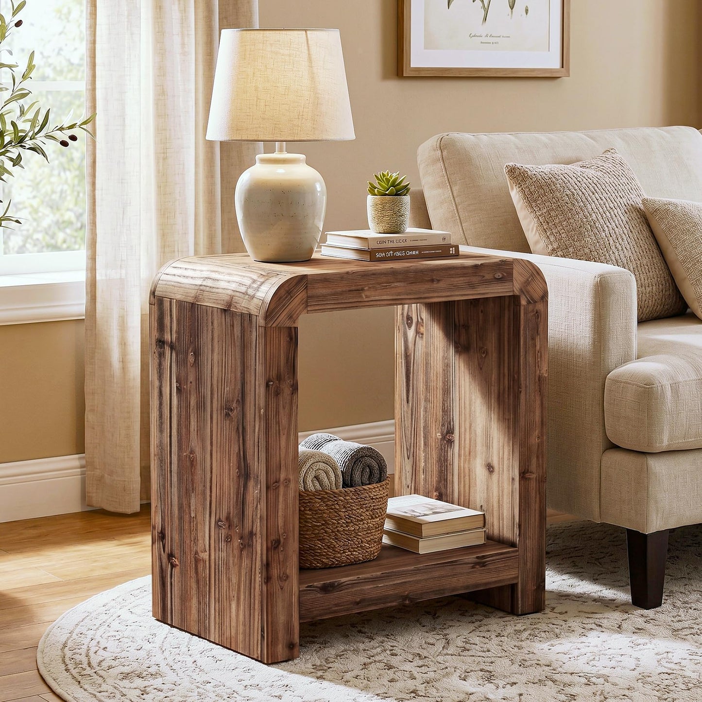 Solid Wood End Table, 2-Tier Narrow Side Table with Storage Shelves, Farmhouse Rustic Nightstand for Living Room, Bedroom, Small Spaces, Easy Assembly (1 PC, Brown)