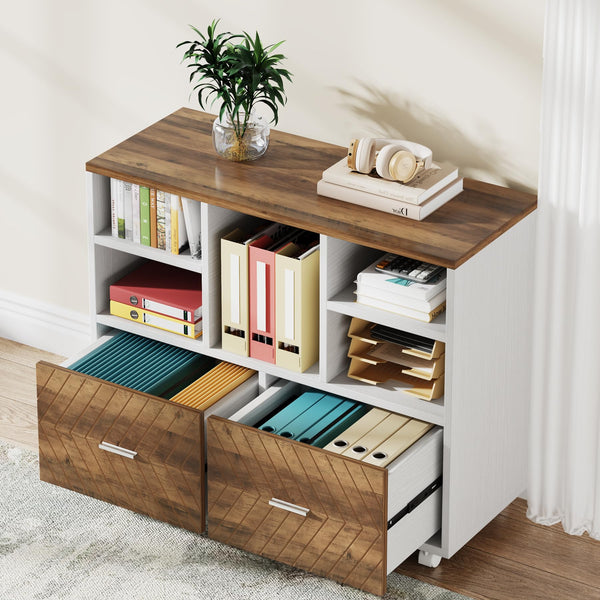 Tribesigns 2-Drawer Wood File Cabinet, Mobile Lateral Filing Cabinet for Hanging Letter Size Files, Printer Stand with Open Storage Shelves for Home Office (Oak Karo & White)