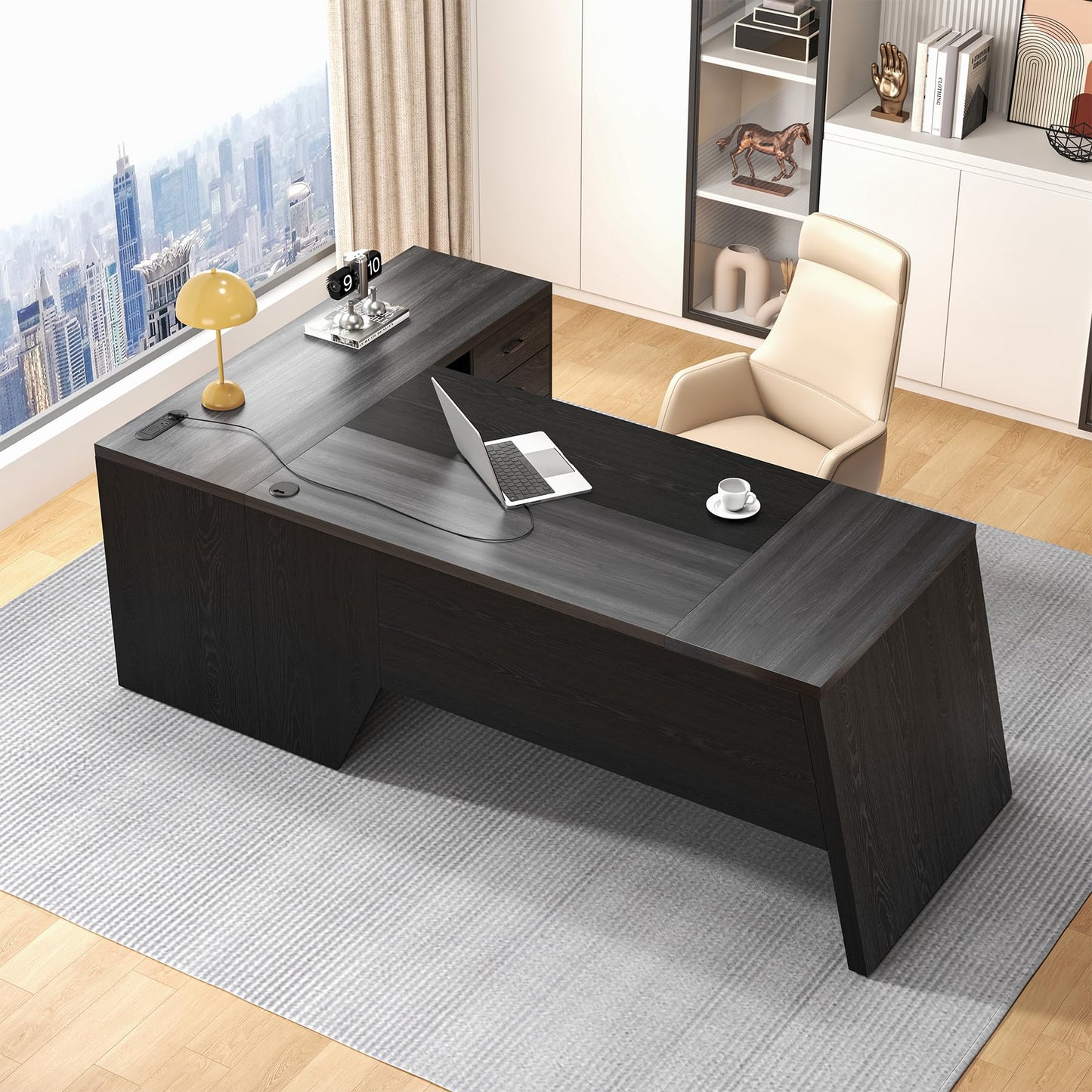 Epecoya L-Shaped Executive Desk with Drawer, 78-Inch Large Home Office Desk with Cord Hold and Power Outlet, Modern Computer Table with Lateral File Cabinet,Open Shelf and PC Stand, Walnut Brown Black