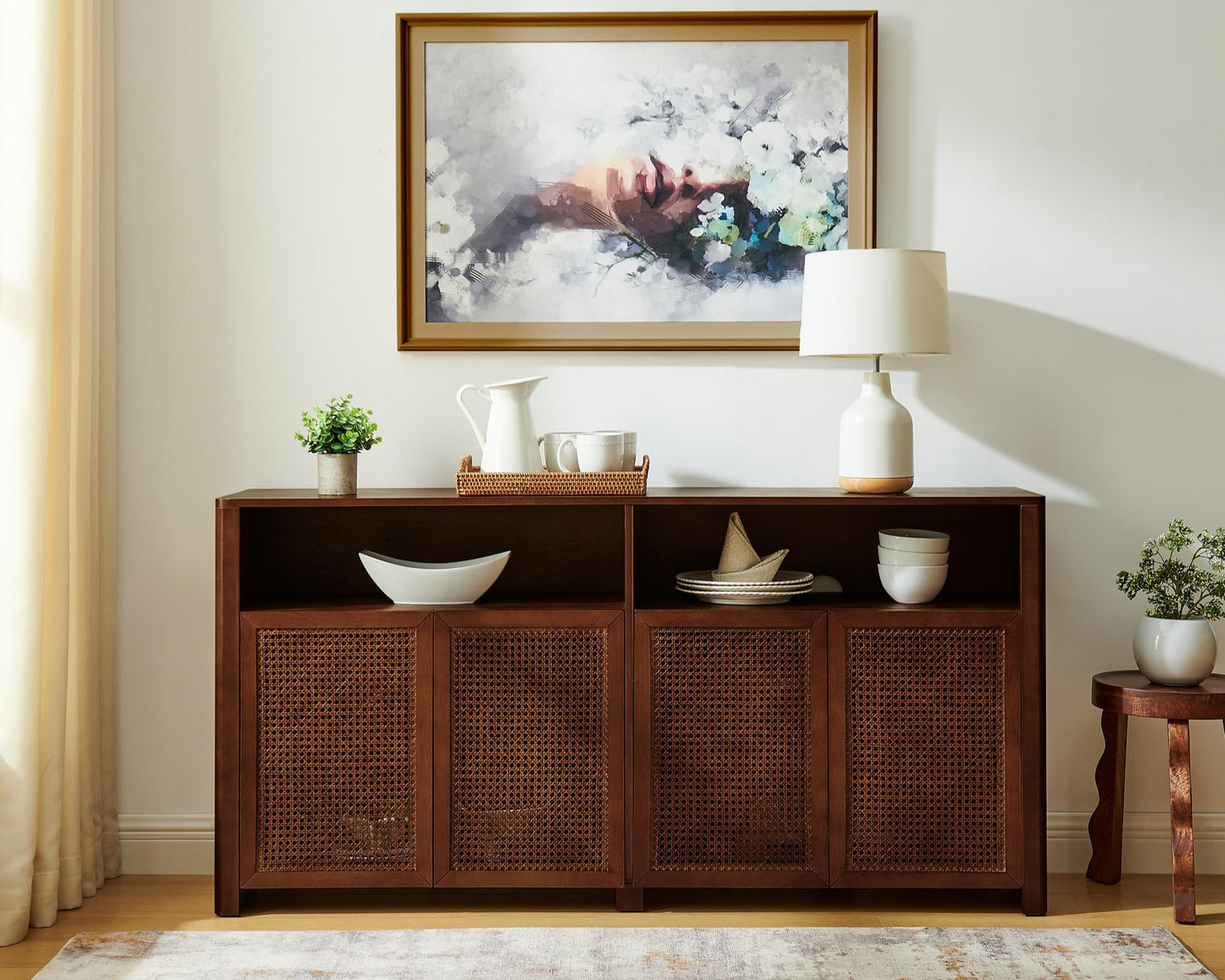 LKTART 63" Rattan Sideboard Buffet Cabinet,Kitchen Storage Cabinet,Wood Coffee Bars with 4 Doors & Open Storage Shelves,Mid Century Modern Credenza Console Table for Living Room,Walnut