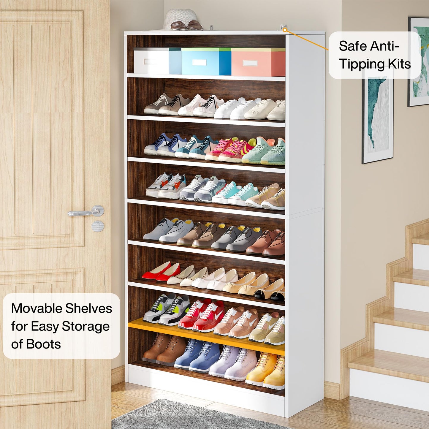 Tribesigns Shoe Cabinet, 9 Tiers 40-45 Pairs Heavy Duty Wood Freestanding Shoe Storage Cabinet, 70.8'' Tall Shoe Cabinet with Open Storage for Entryway, White