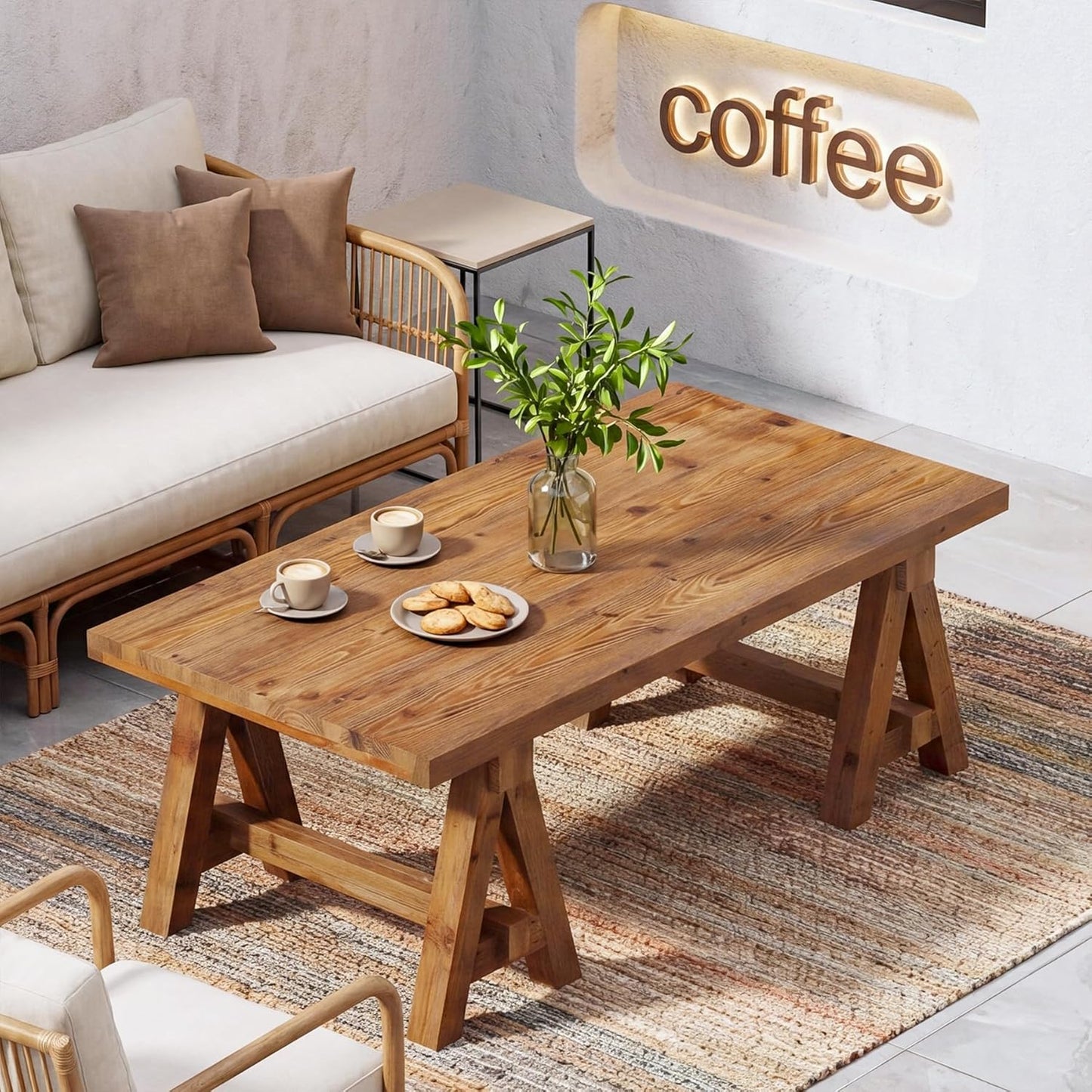 Solid Wood Coffee Table, 47" Rustic Farmhouse Center Table, Natural Wood Rectangular Coffee Tea Accent Furniture with Trestle Base & Spacious Tabletop for Living Room, Lounge, Home Office