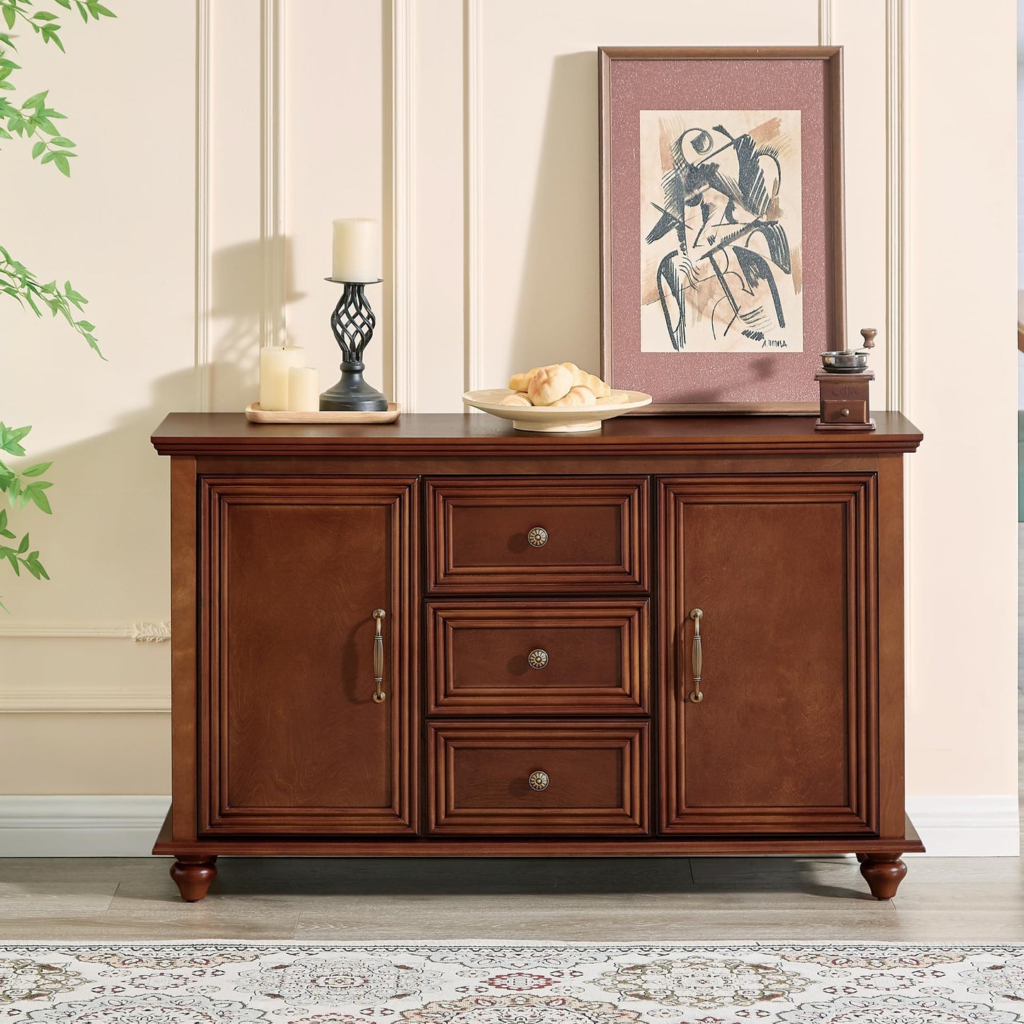 LKTART 40" Sideboard Buffet Accent Storage Cabinet with Carved Pattern Side Board Solid Wood Frame for Kitchen, Living Room, Entryway,Hallway (Blue+Brown)