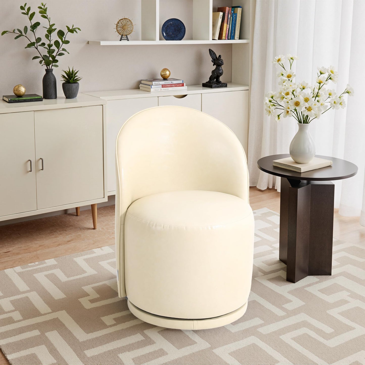 Swivel Barrel Dining Chairs Set of 2, Faux Leather Upholstered Round Dining Chairs, 360° Swivel Vanity Chair Comfy Armless Accent Makeup Chair for Dining/Living Room Makeup Room, Brown