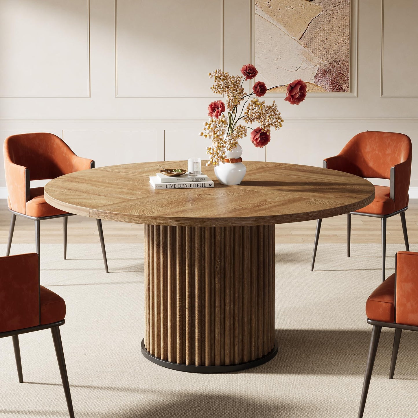 Tribesigns 47.24-Inch Black Round Dining Table for 4-6 People, Modern Fluted MDF + Metal Base Kitchen Table, Sturdy Circle Dining Room Furniture, Black