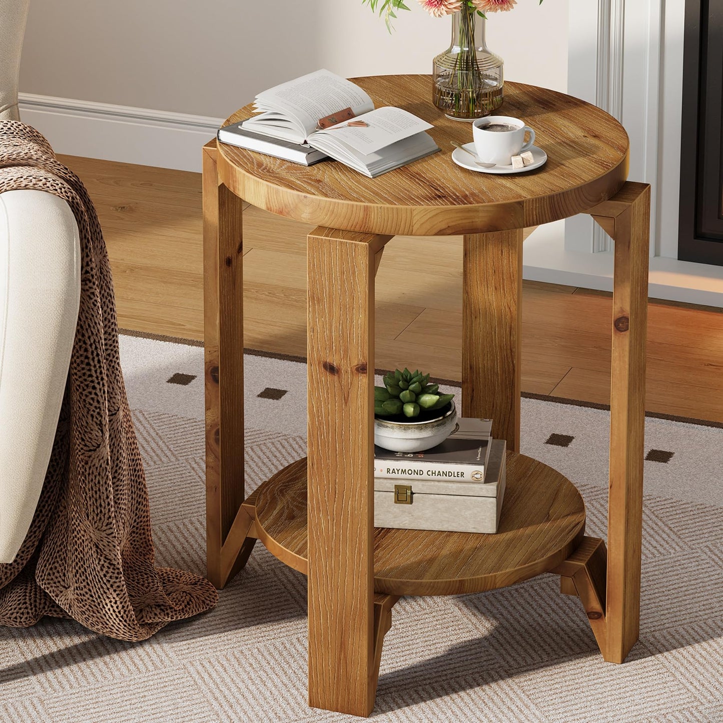 Solid Wood End Table, 2-Tier Round Wood Side Table for Living Room, Farmhouse Circle Nightstand with Storage for Bedroom, Couch, Small Spaces, Easy Assembly, Rustic Brown