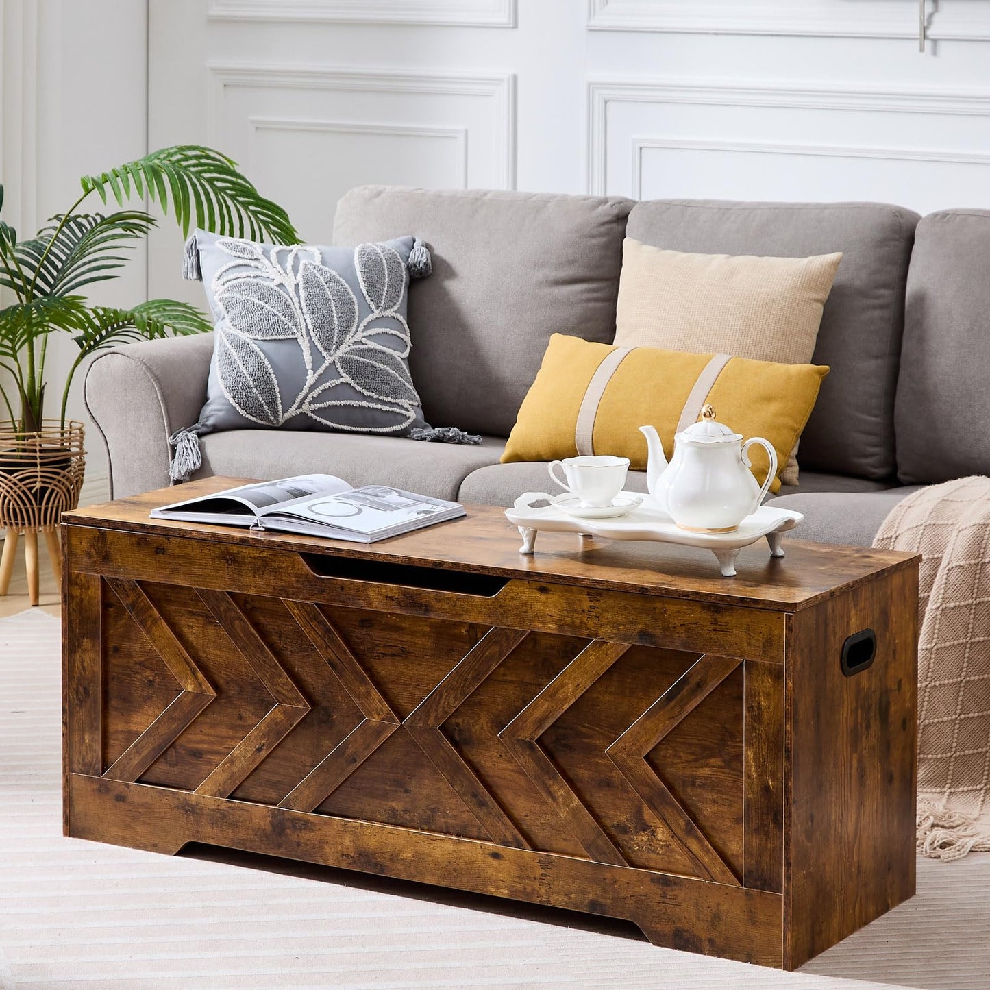 47.2” Storage Bench,Extra Large Wooden Storage Chest with 2 Safety Hinges,entryway Bench,Blanket Storage,Shoe Storage Bench for Entryway,Bedroom,Living Room,Easy Assembly.-Greige