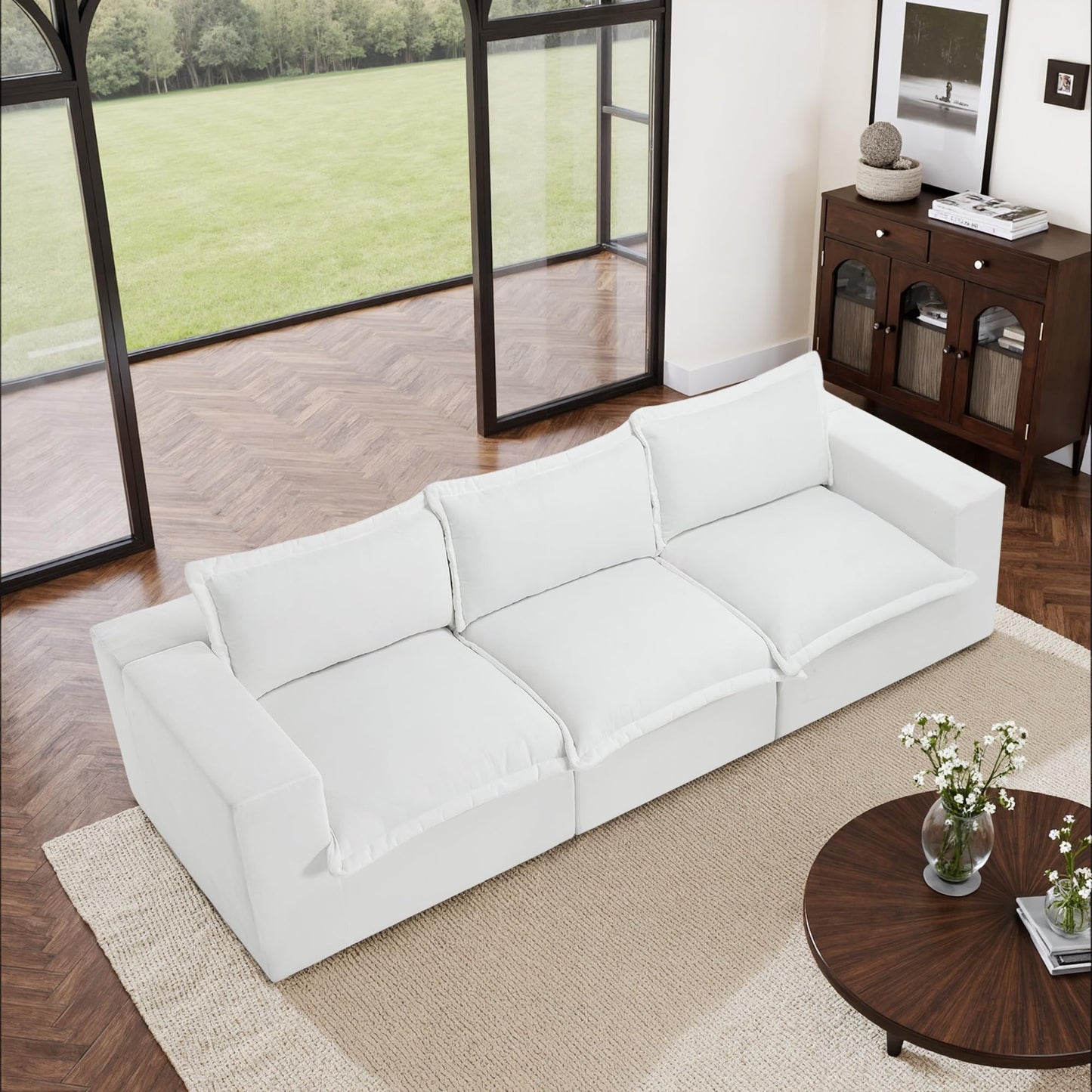 116" Modular Sectional Sofa, Comfy L Shaped Modular Coush Sofa with Ottoman, 3-Seat Chenille Cloud Couches Deep Seat Sofa for Living Room, Apartment, Small Spaces, Beige