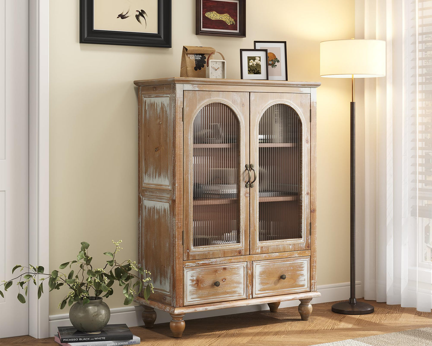 LKTART 60" Farmhouse Sideboard Buffet,Solid Fir Wood Frame with Hollowed-Out Carved Doors,Hand-Distressed Design,Versatile Storage Cabinet for Kitchen, Living Room,Natural Wood