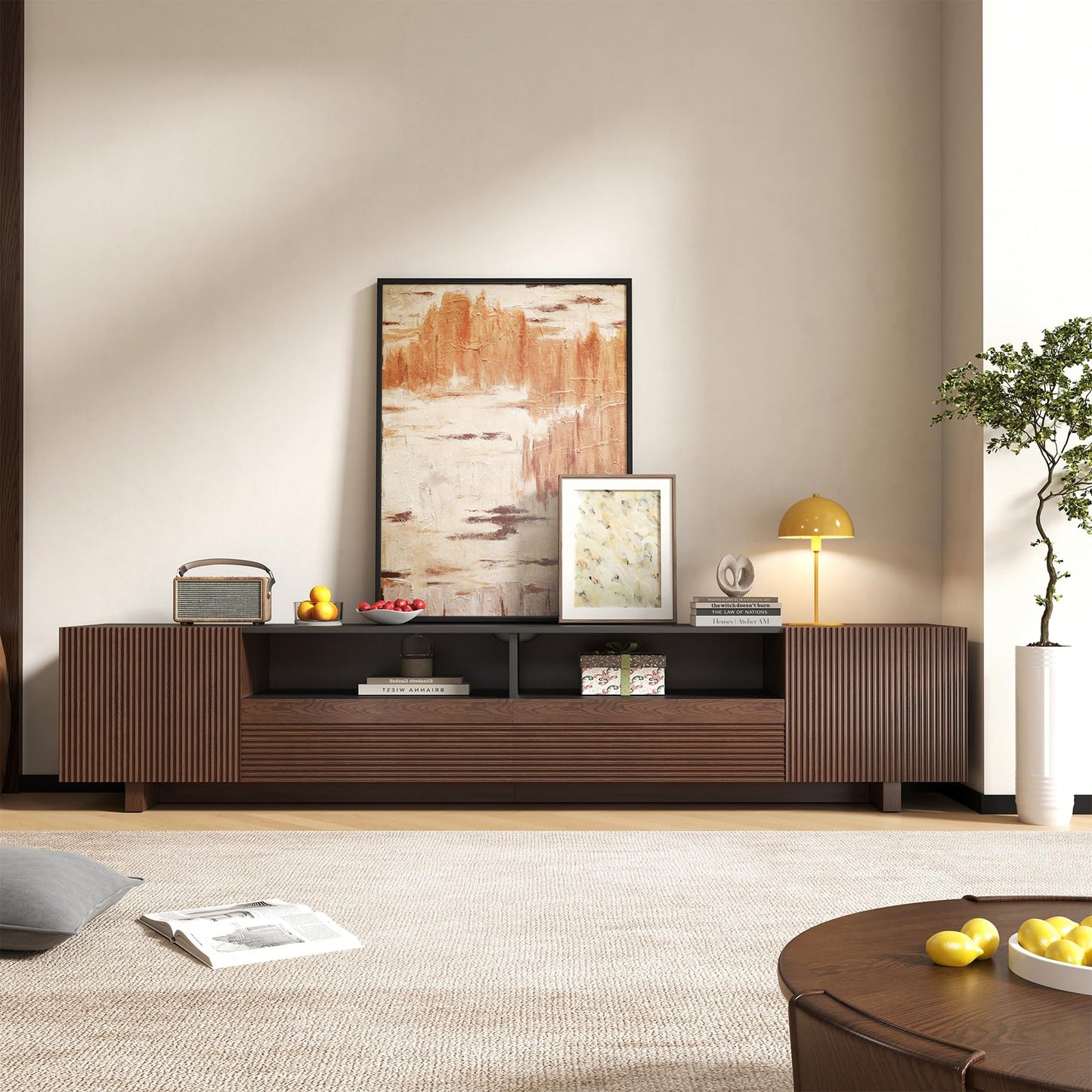 Epecoya 78.8 Inch TV Stand with Storage Cabinets for Living Room, TVs Media Console Entertainment Center with Drawers, Wood Fluted Television Stands with Open Shelves for Bedroom, Dark Brown Walnut