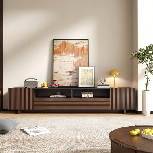 Epecoya 78.8 Inch TV Stand with Storage Cabinets for Living Room, TVs Media Console Entertainment Center with Drawers, Wood Fluted Television Stands with Open Shelves for Bedroom, Dark Brown Walnut