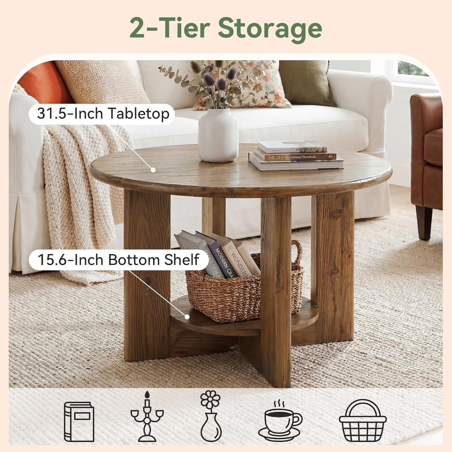 Solid Wood Round Coffee Table, 2-Tier Circle Coffee Table with Storage, Farmhouse Wood Accent Center Table for Living Room, Easy Assembly, Rustic Brown