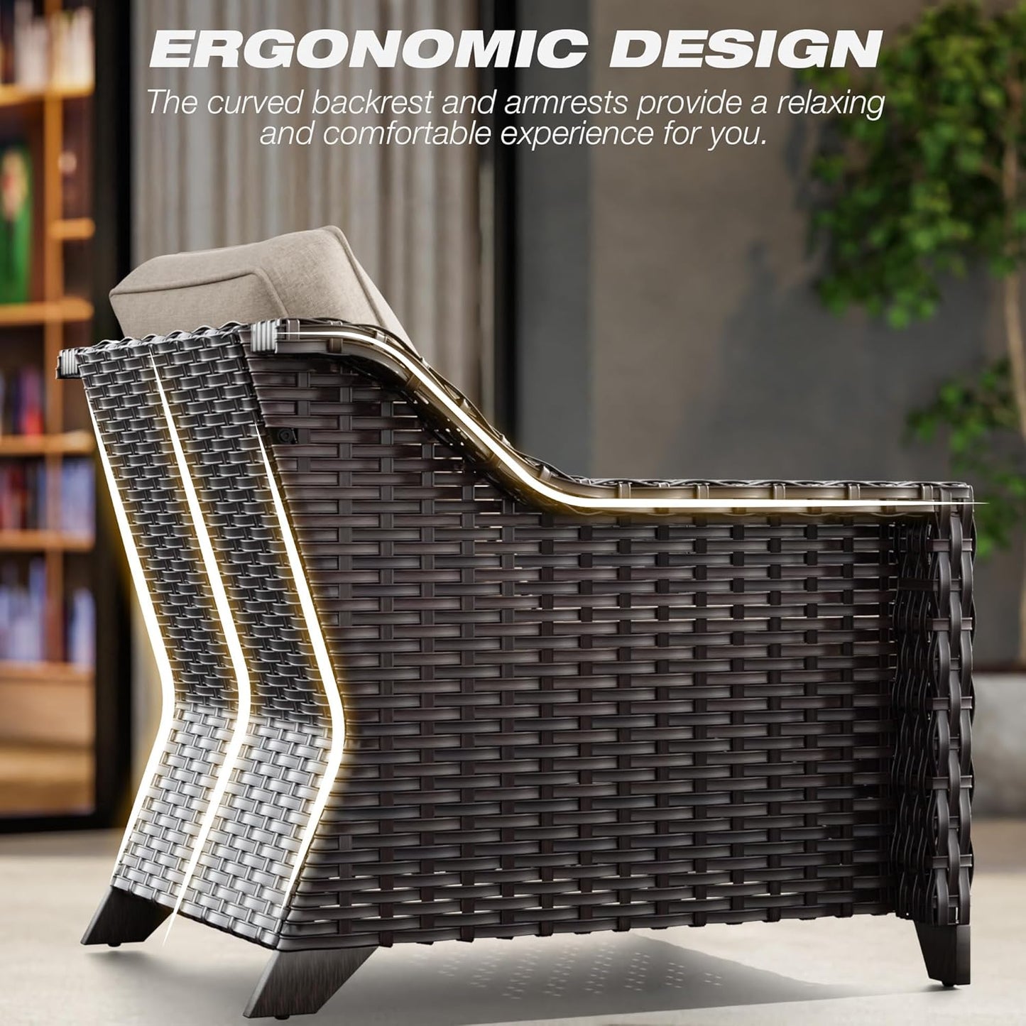 Joyside Outdoor Wicker Chair, Patio Dining Chairs Set 2 Pieces, High Back Single Chairs, Upgraded Large Size with 4inch Seat Cushions for Backyard, Garden, Poolside, (Brown/Beige)