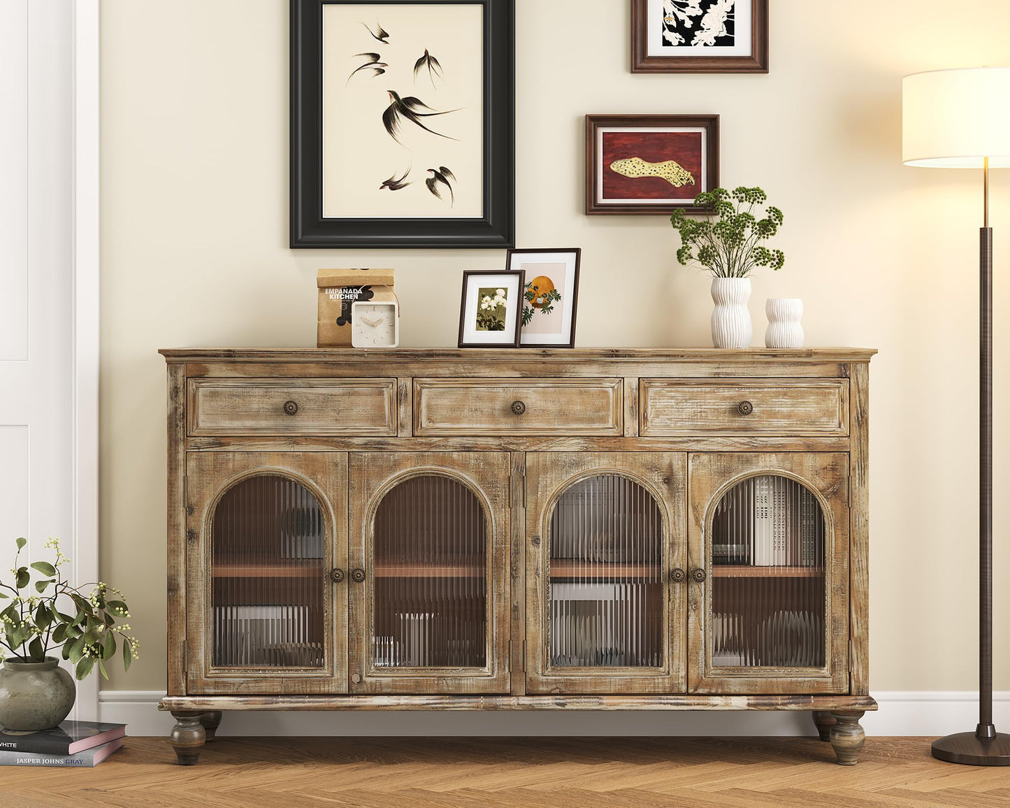LKTART 60" Farmhouse Sideboard Buffet,Solid Fir Wood Frame with Hollowed-Out Carved Doors,Hand-Distressed Design,Versatile Storage Cabinet for Kitchen, Living Room,Natural Wood