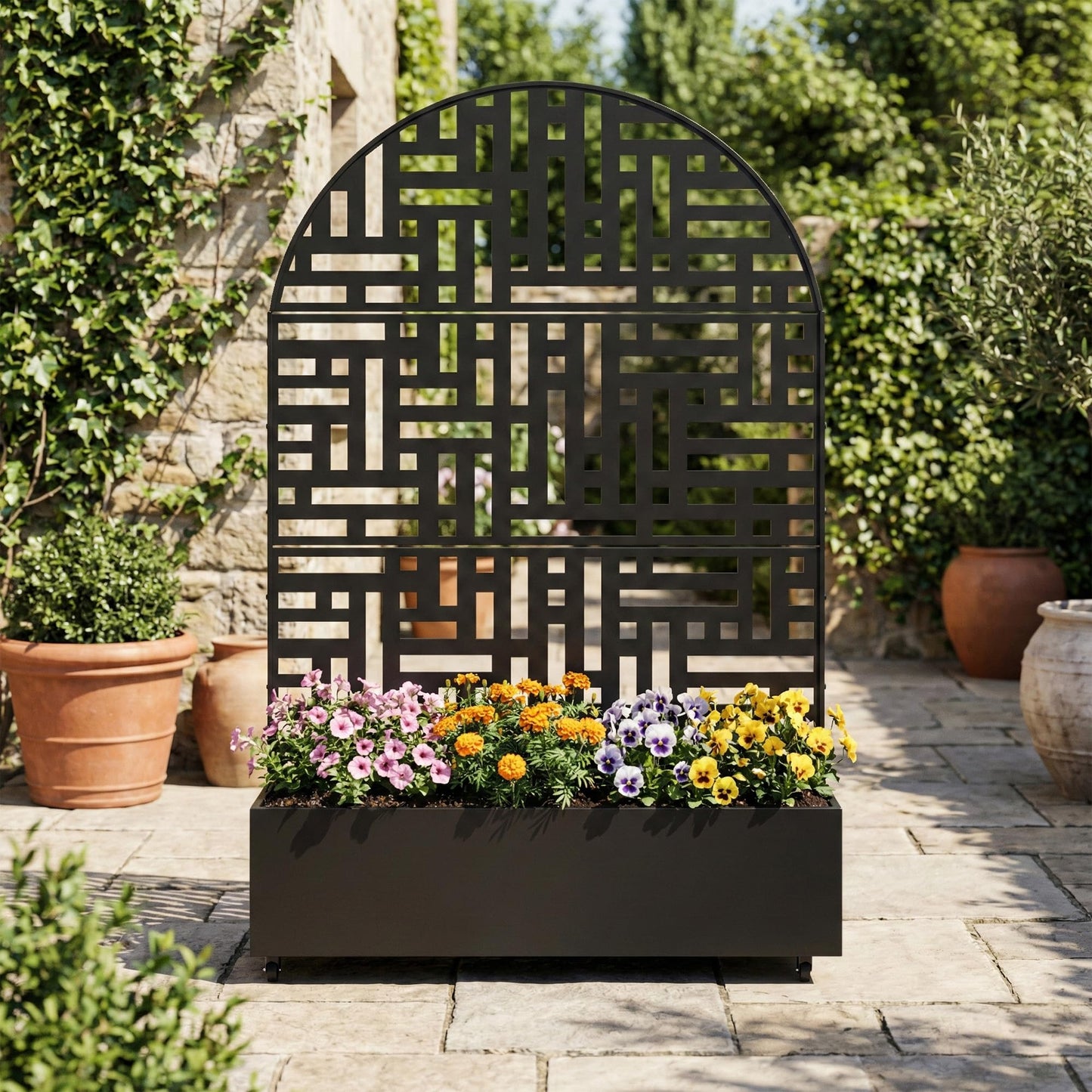 Metal Raised Garden Bed with Trellis and Wheels, 71"x47"x16" Planter Box with Privacy Screen & Drainage Holes, Arched Outdoor Garden Bed for Climbing Plants, Vegetables, Flowers (Black-Square)