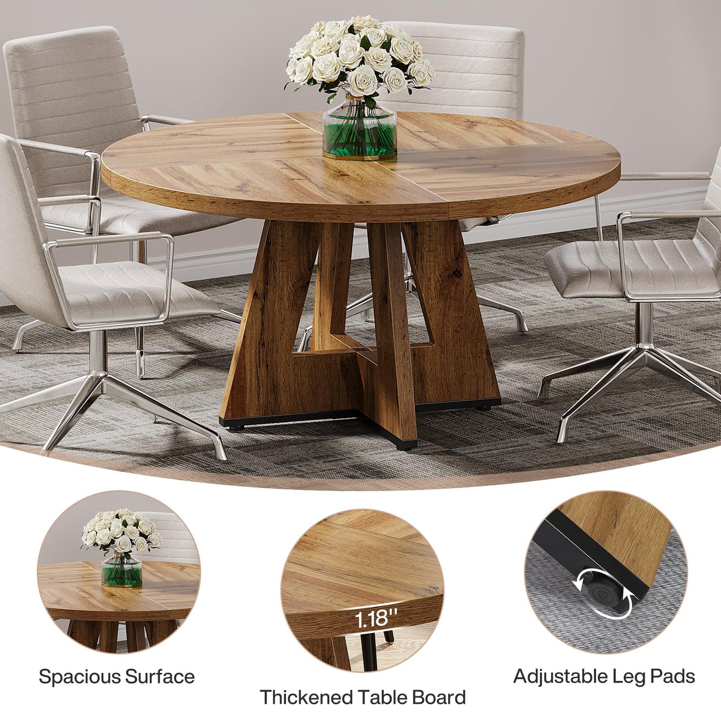 Tribesigns 47-Inch Round Conference Table for 4-6 People, Wooden Meeting Room Table with Thicken Tabletop and Wood Base (Grey)