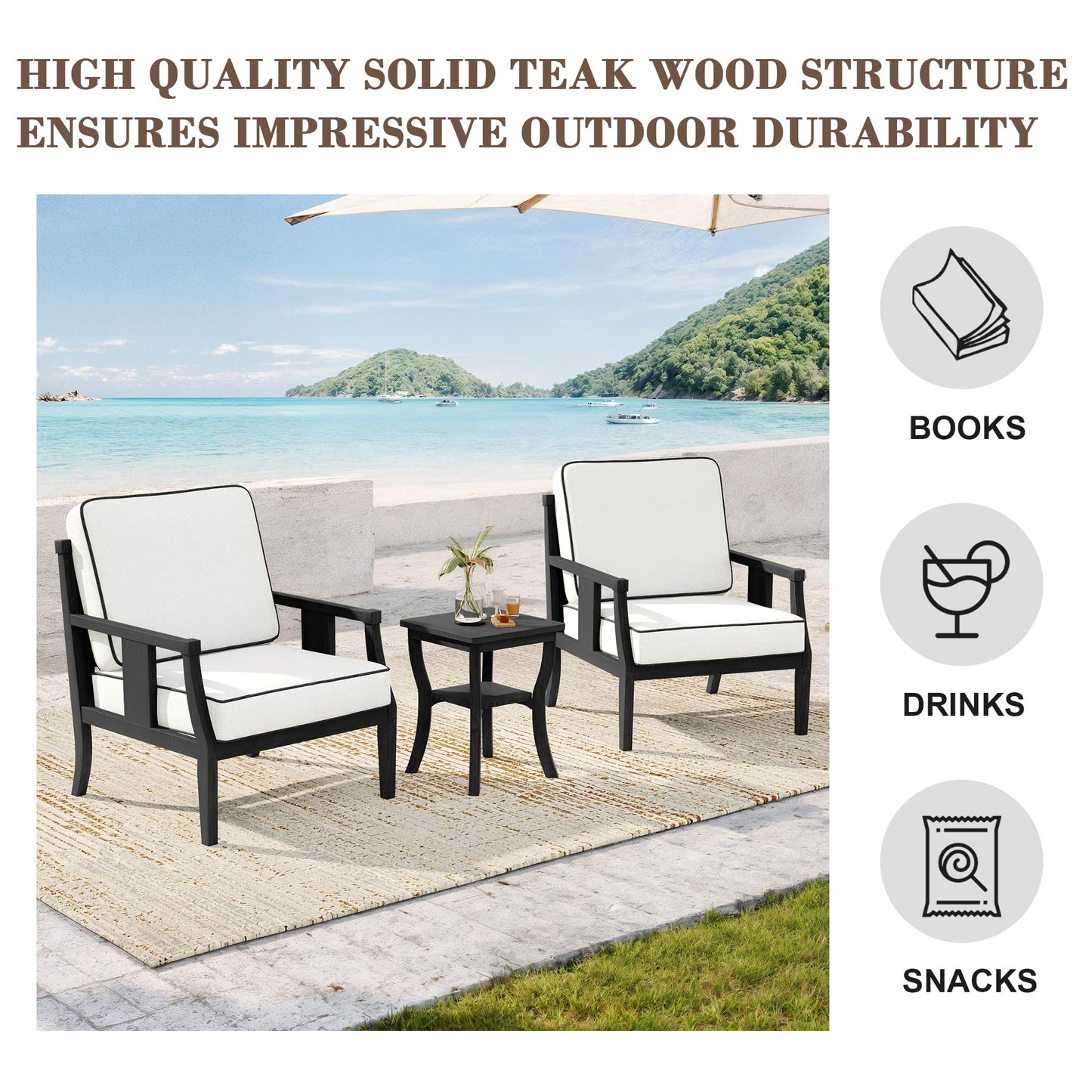Outdoor Patio Armchairs Set of 2, All-Weather Solid Wood Patio Furniture Sets, Outdoor Sofa Chairs with Washable Thick Cushions for Porch, Balcony, Deck, Black Frame & Gray Cushion