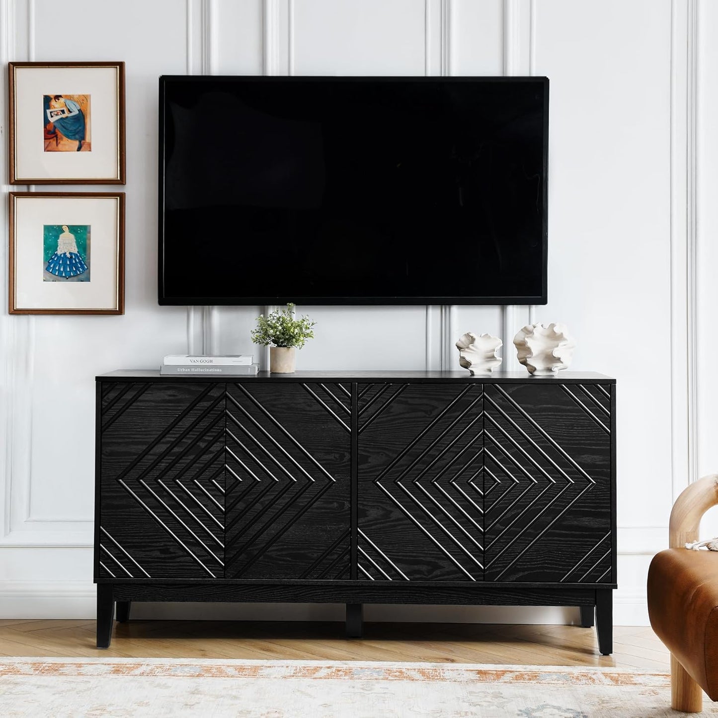 LKTART 60.5" Black Sideboard Buffet Cabinet,Modern Accent Credenza Storage Cabinet with 4 Doors, Media Console Table for Living Room Entryway