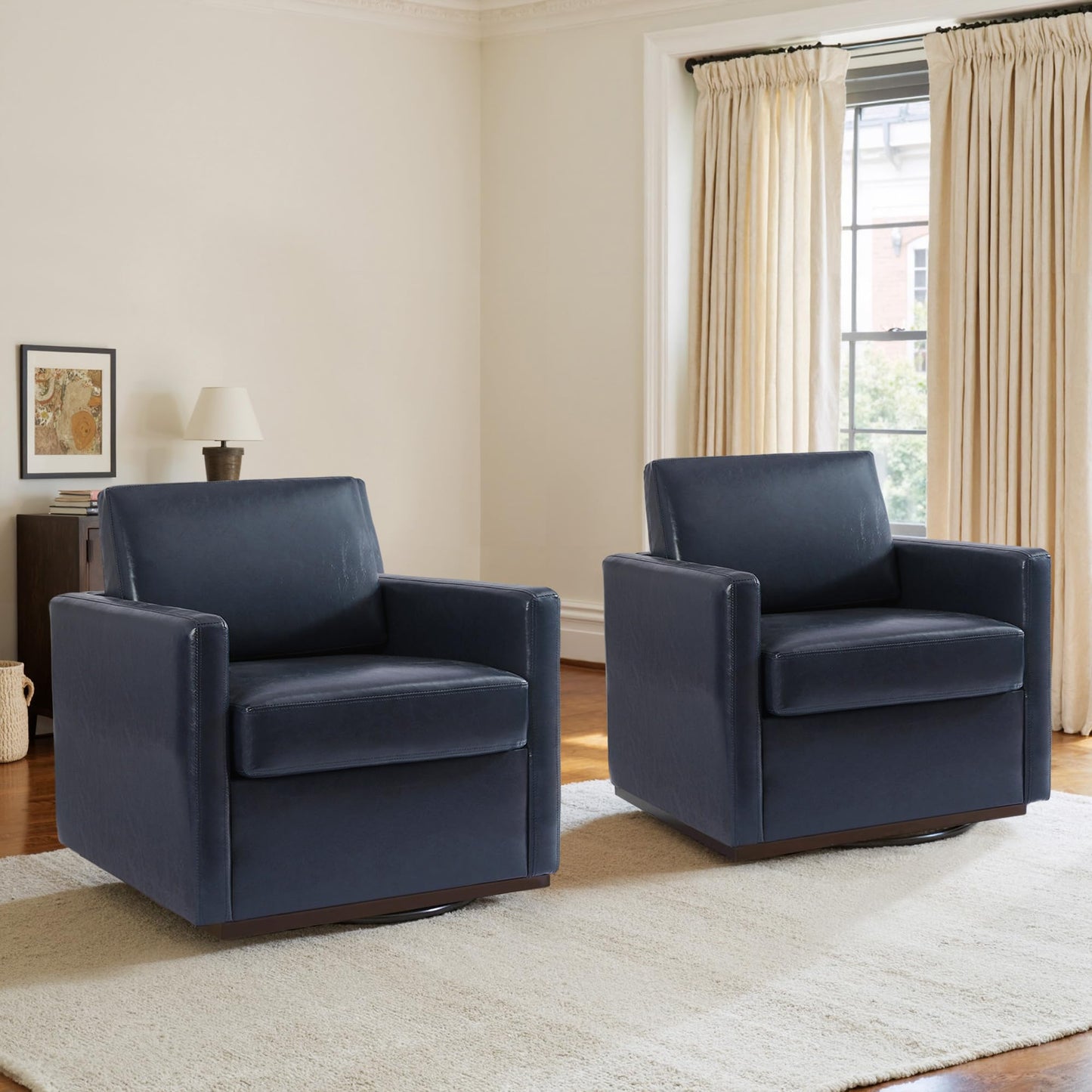 Faux Leather Swivel Accent Chairs Set of 2, 360° Swivel Upholstered Club Armchairs for Living Room, 31" Wide Square Single Sofa Reading Chair with Deep Seat, Metal Swivel Base, Navy