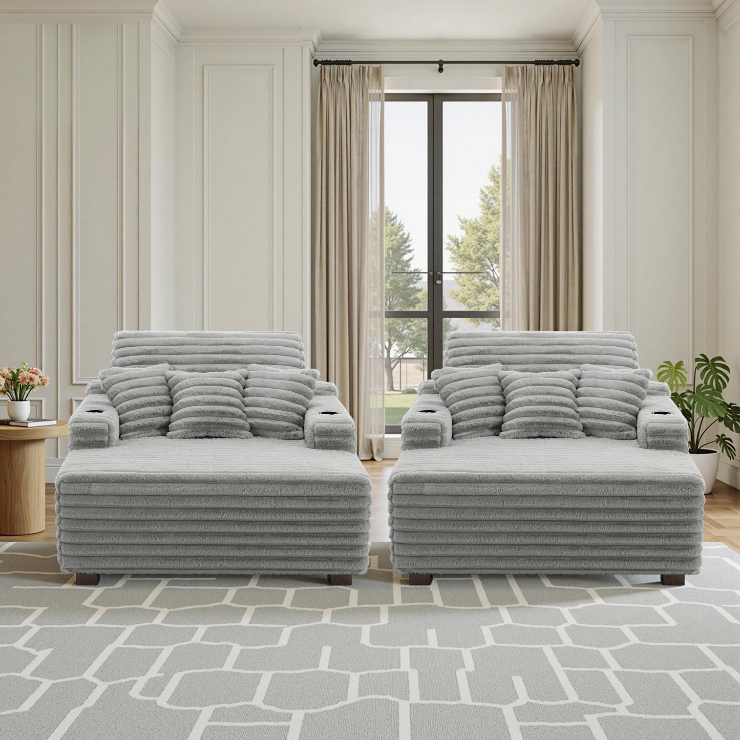 59" Chaise Lounge Chair Indoor, Upholstered Oversized Sleeper Sofa Bed Reading Chairs with 3 Soft Pillows & 2 Cup Holders, Comfy Cloud Deep Seat Sofa for Living Room Bedroom, Set of 2, Navy