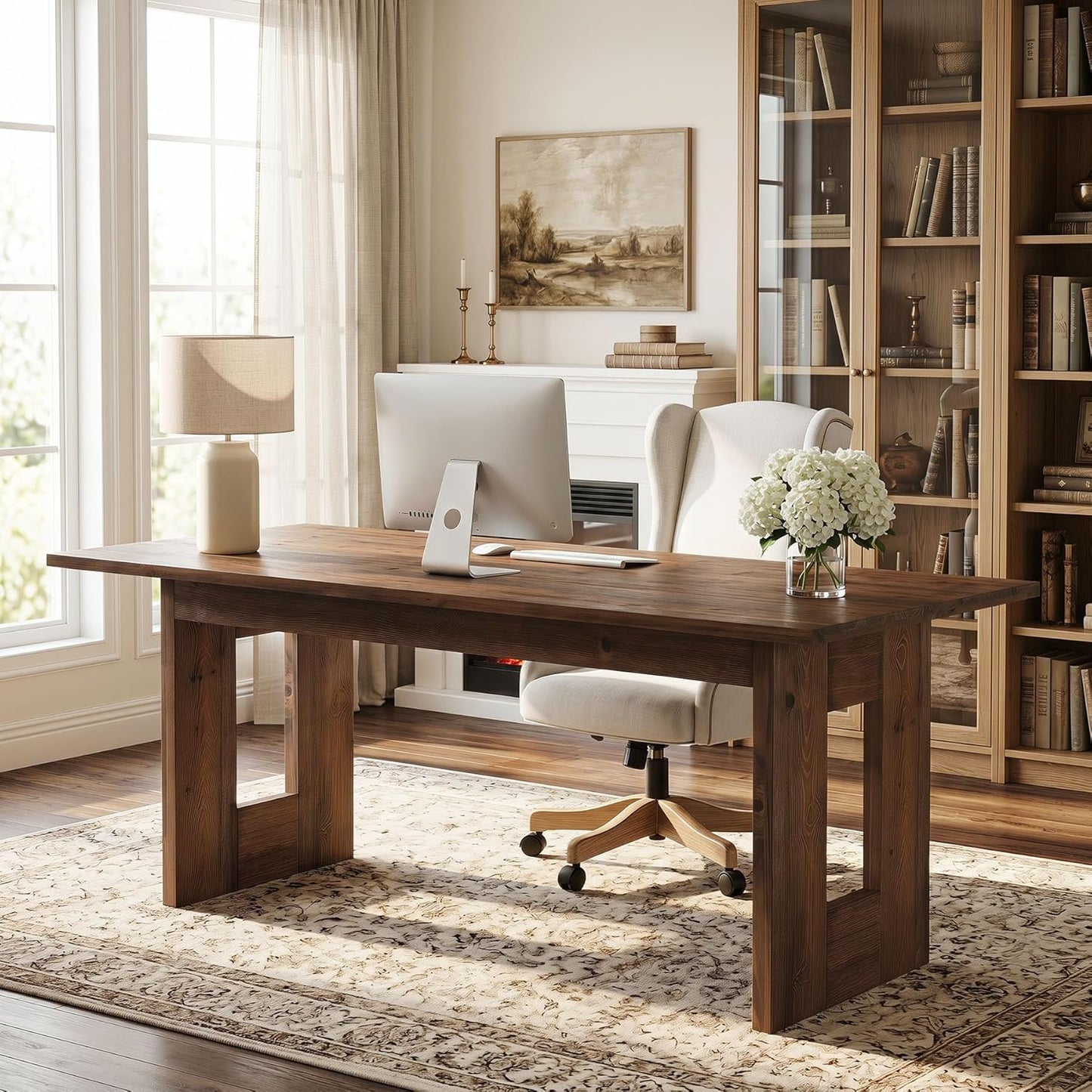 63-Inch Solid Wood Computer Desk, Rustic Rectangular Office Desk, Heavy Duty Writing Workstation with Sturdy Frame, Multi-Purpose Study Table for Home Office, Workplace, Brown