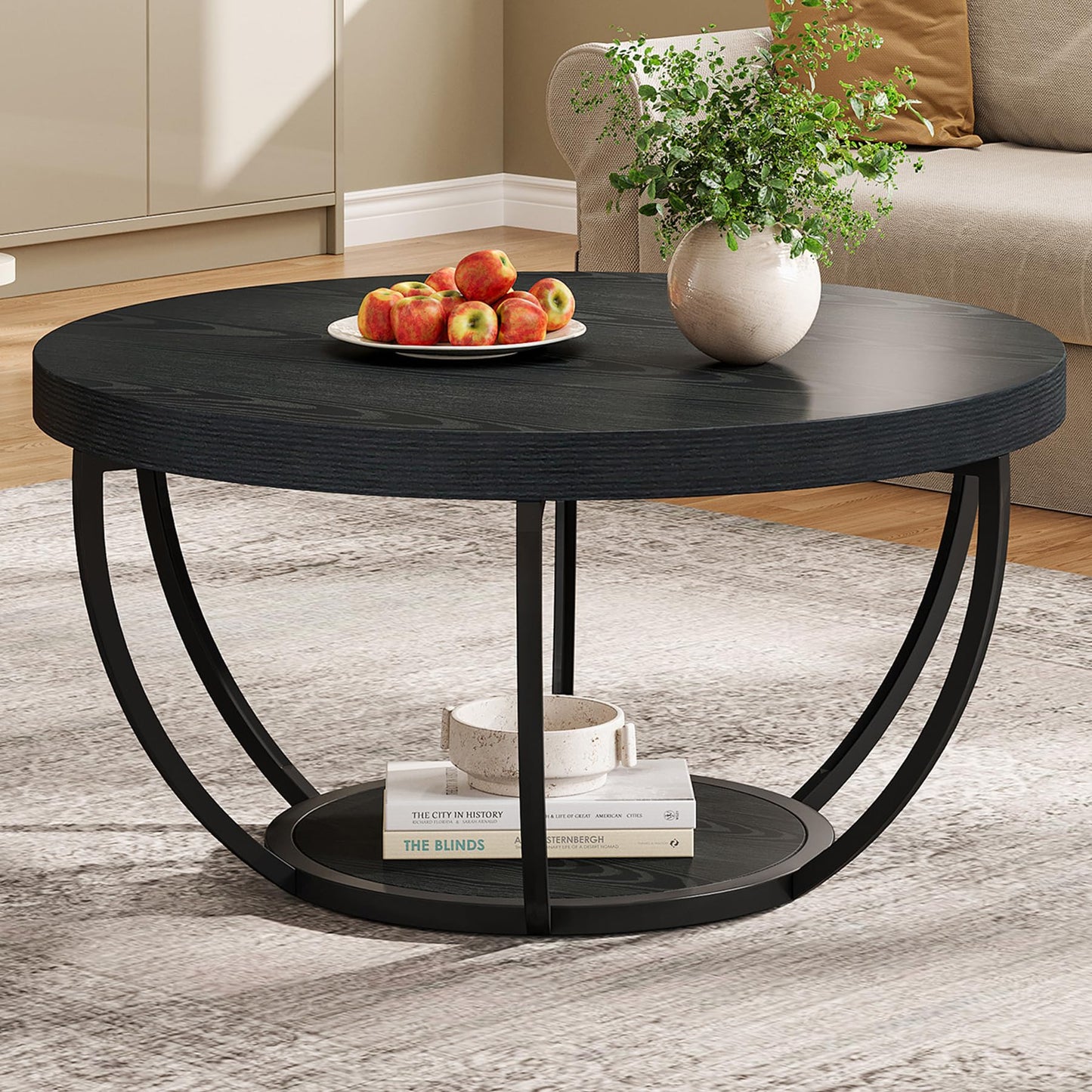 Tribesigns Round Coffee Table, 31.7" Wooden 2-Tier Circle Coffee Table with Storage Shelves, Modern Accent Cocktail Table Center Table for Living Room, Grey