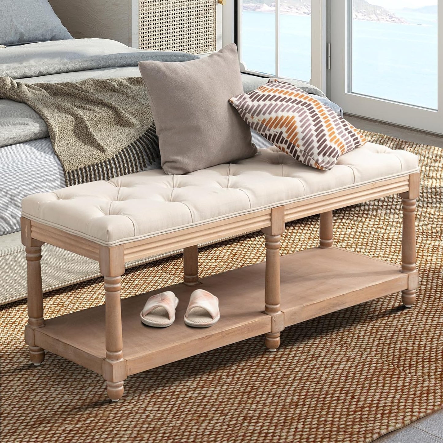 IOMOR Tufted Long Entryway Bench with Storage Shelf, 45” French Mid Century Modern Upholstered Dining Benches, Fabric End of Bed Bench for Bedroom, Dining Room, Living Room