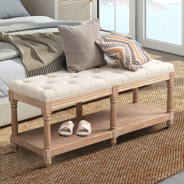 IOMOR Tufted Long Entryway Bench with Storage Shelf, 45” French Mid Century Modern Upholstered Dining Benches, Fabric End of Bed Bench for Bedroom, Dining Room, Living Room