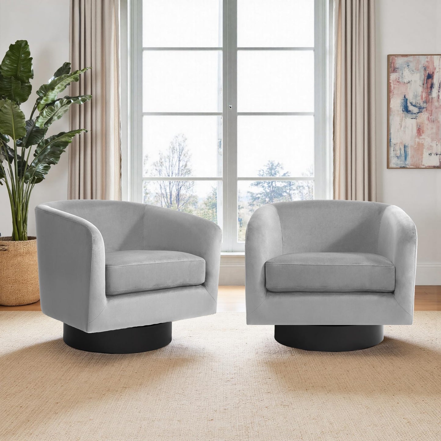 Swivel Barrel Accent Chairs Set of 2, Modern 360° Swivel Round Barrel Chair with Curve Back, Upholstered Velvet Fabric Armchair Single Sofa Club Chair for Living Room, Bedroom, Coffee