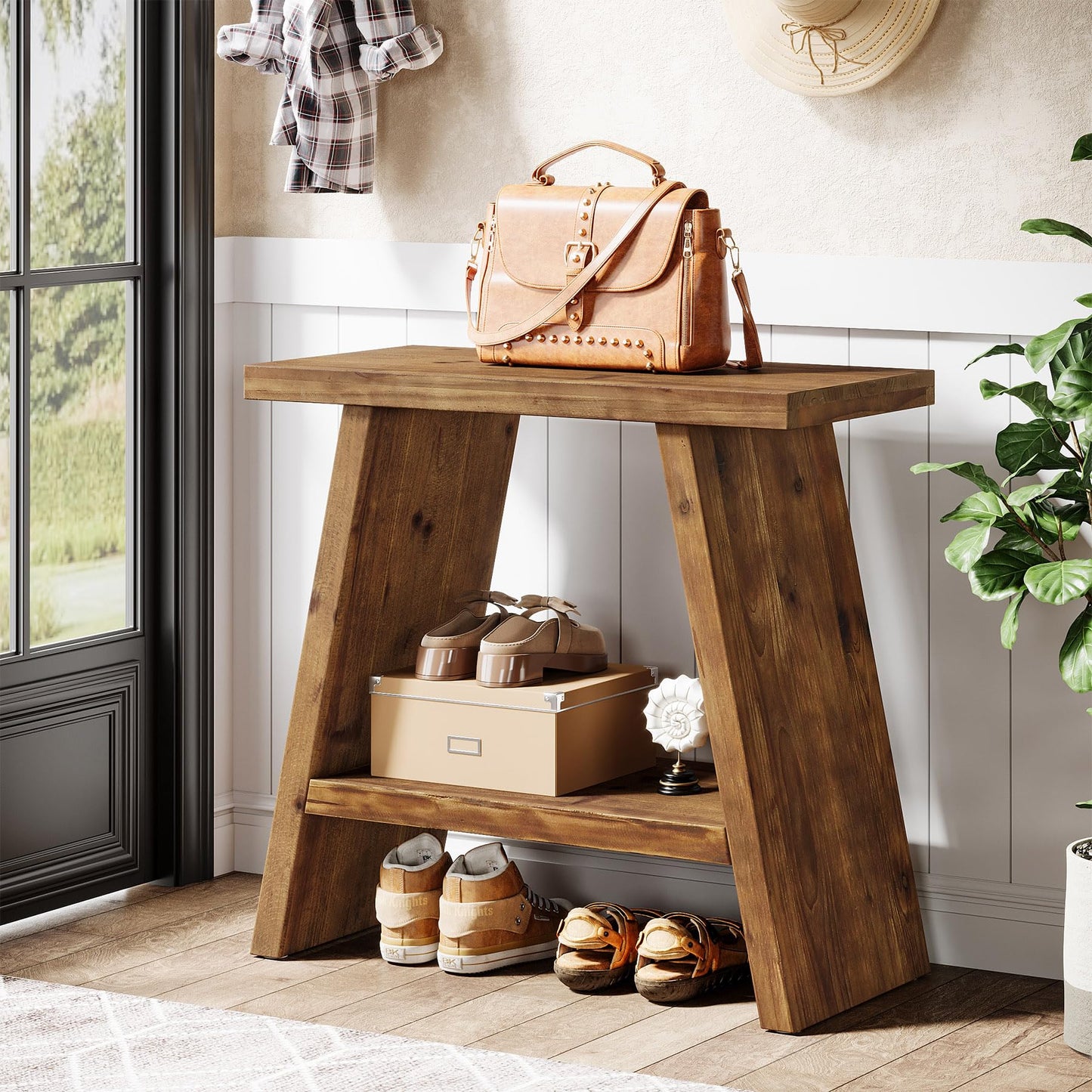 Solid Wood End Table for Living Room, Narrow Small Side Table with 2-Tier Storage, Farmhouse Bedside Nightstand for Bedroom, Small Places, Rustic Brown (1PCS)