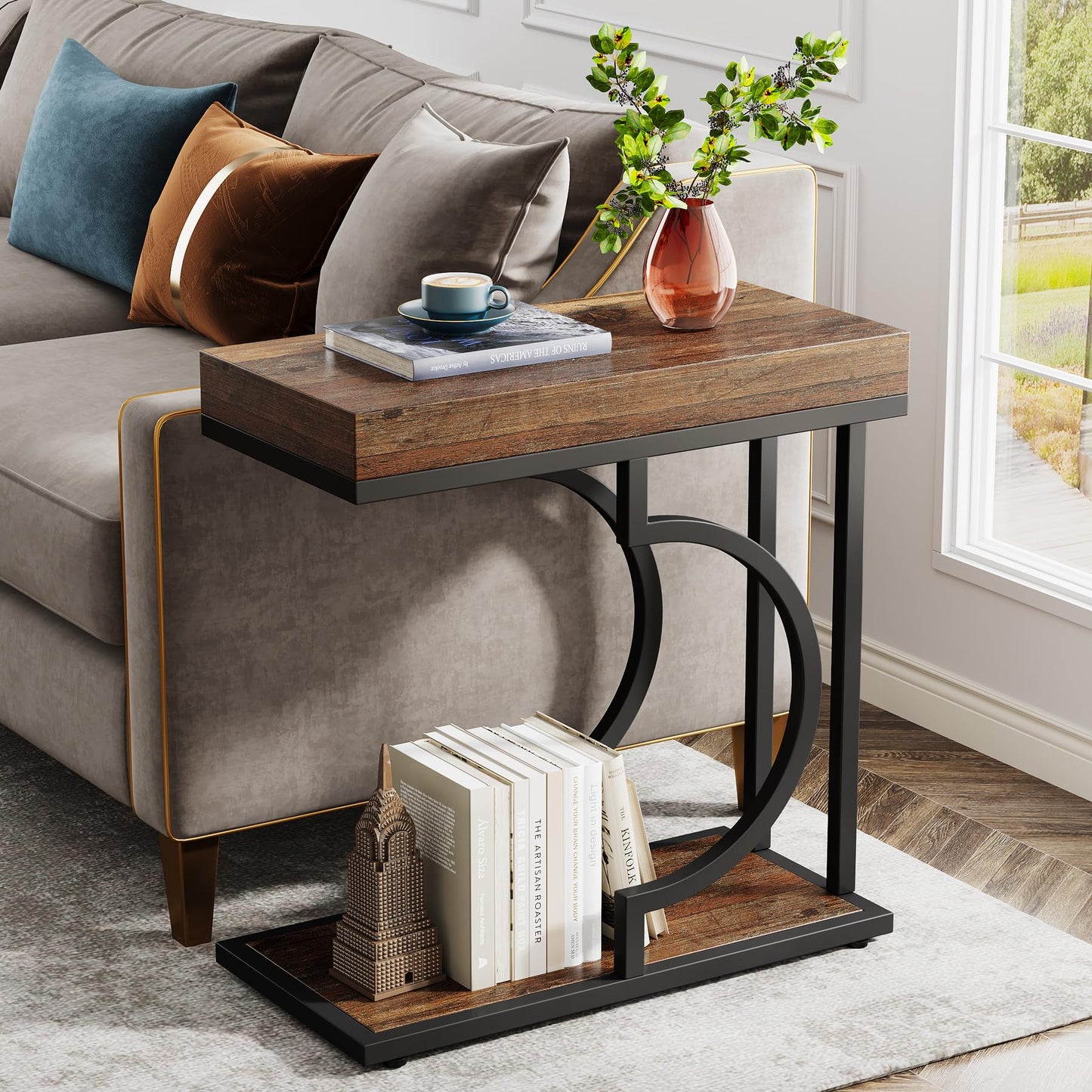 Tribesigns Narrow Side Table for Couch, C Shaped End Table with Metal Frame, Modern Bedside Tables, Small Sofa Tables for Small Spaces, Living Room (1, Brown+Black)