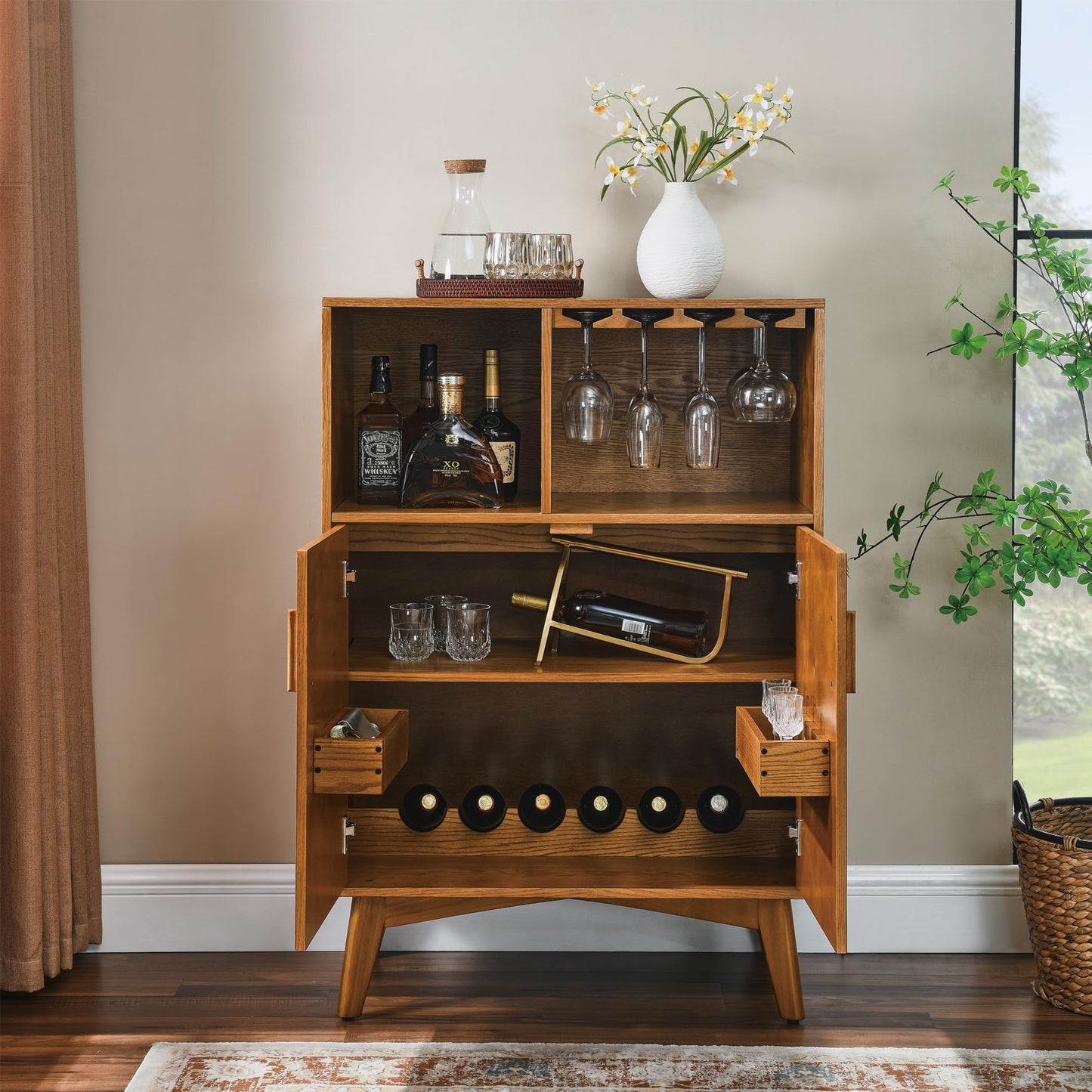 LKTART Wine Cabinet & Coffee Bar with Bottle Holders & Stemware Racks,Liquor Cabinet with Open Storage and Built-in Door Shelves,Bar Cabinet with Solid Wood Legs and Adjustable Shelf