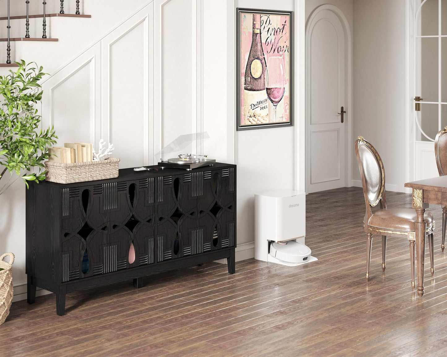 LKTART 60" Mid Century Modern Sideboard Buffet with Hollow Carved Doors and Outlet Holes,Vintage Accent Cabinet Credenzas Storage Cabinet Walnut