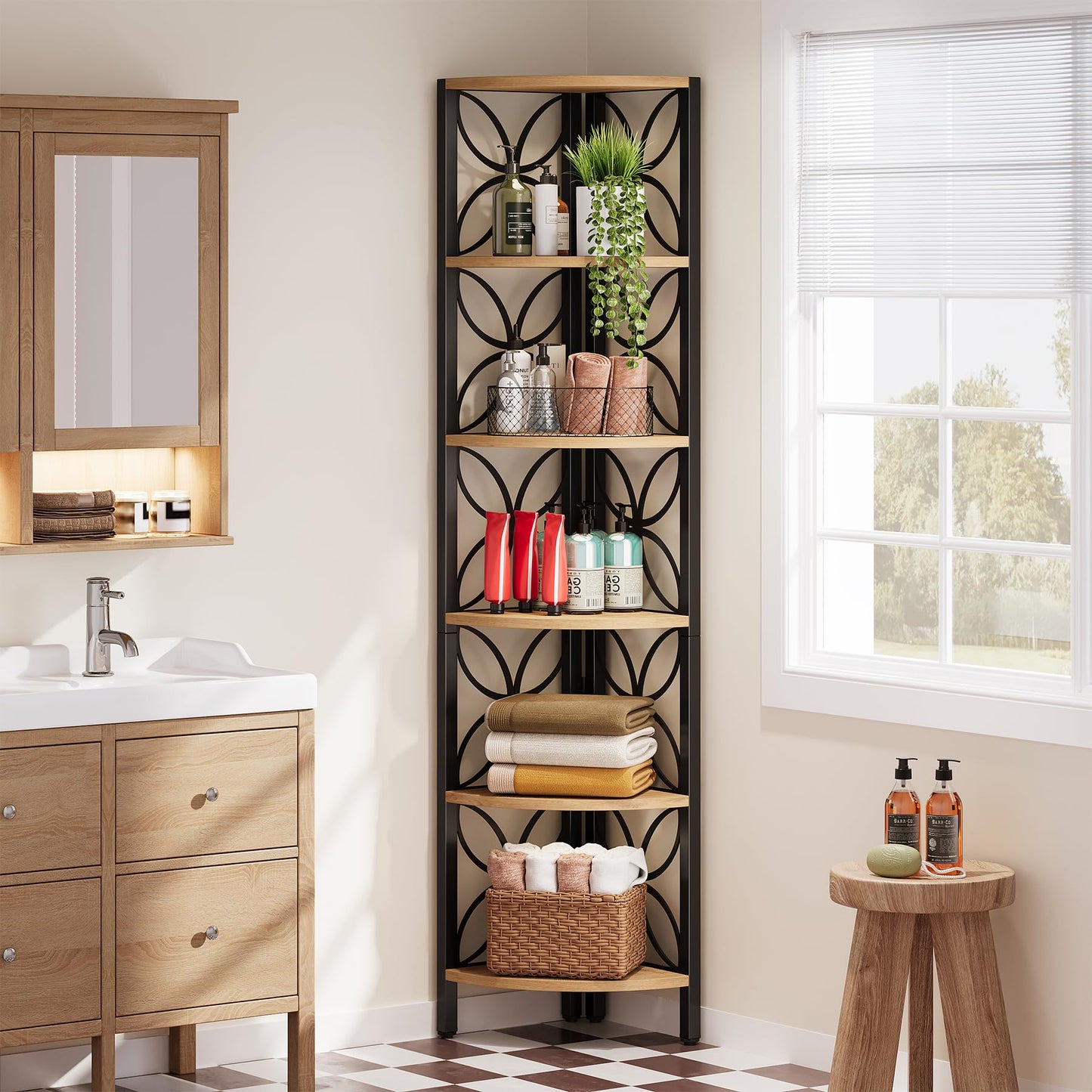 Tribesigns 6-Tier Corner Shelf, Industrial 70.9" Rustic Corner Bookshelf Display Shelf for Living Room, Wooden Shelving Unit Plant Stand Storage Rack for Bedroom, Bathroom, Kitchen,Natural