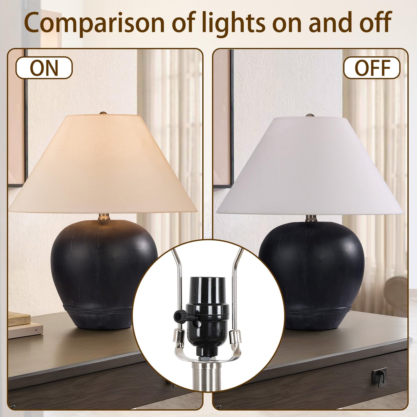 Farmhouse Ceramic Table Lamp, 21" Rustic Table Lamp with Linen Shade, 3-Way Dimmable Bedside Nightstand Lamps for Bedroom, Living Room, E26 Socket, Dark Grey