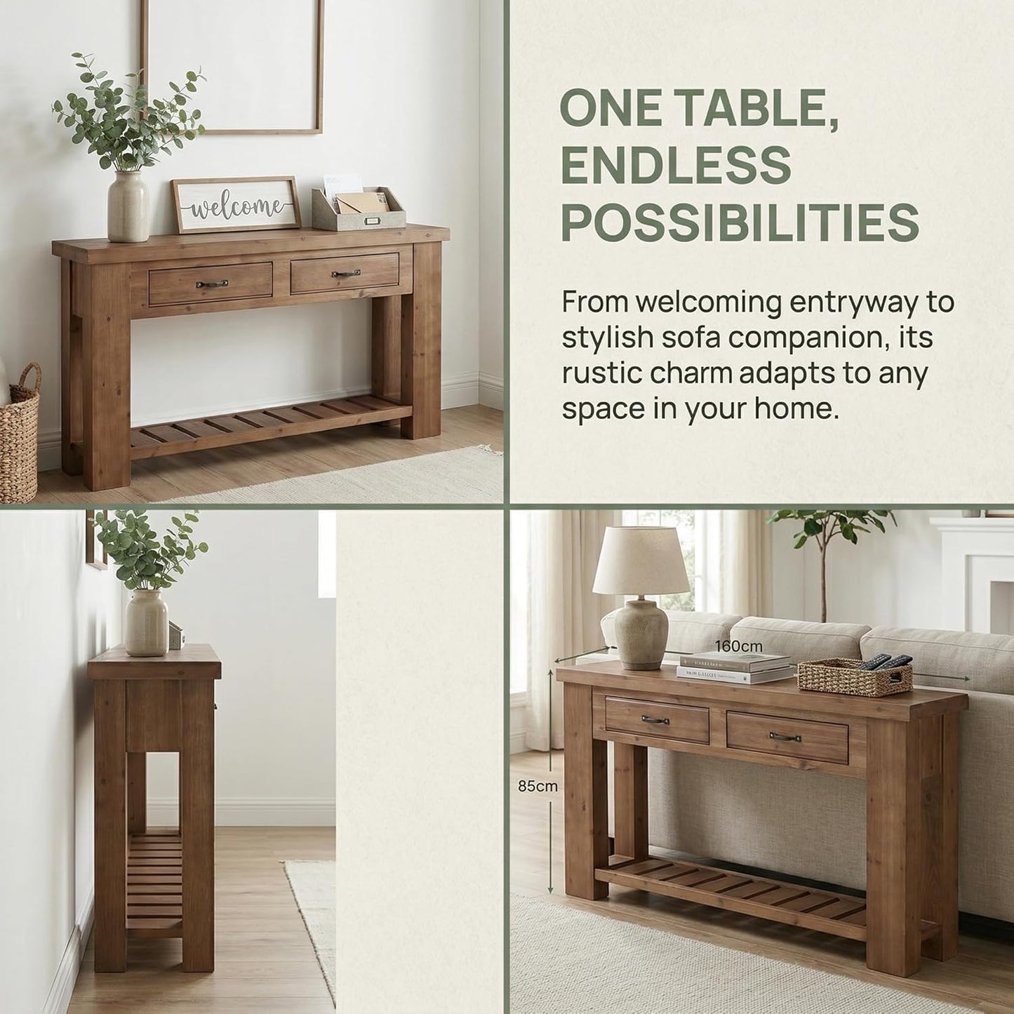 Farmhouse Solid Wood Console Table, 63-Inch Long Entryway Sofa Table with 2 Drawers and Open Slatted Shelf for Hallway, Entrance and Living Room