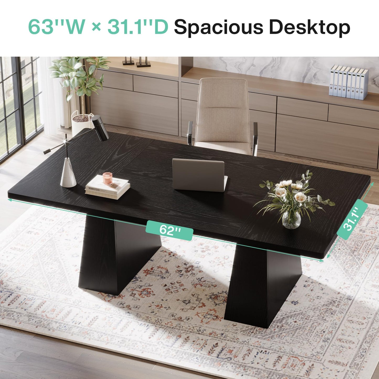 Tribesigns 63-Inch Executive Desk, Large Office Computer Desk with Double Pedestal, Modern Simple Workstations Writing Table Conference Table Business Furniture for Home Office, Light Brown