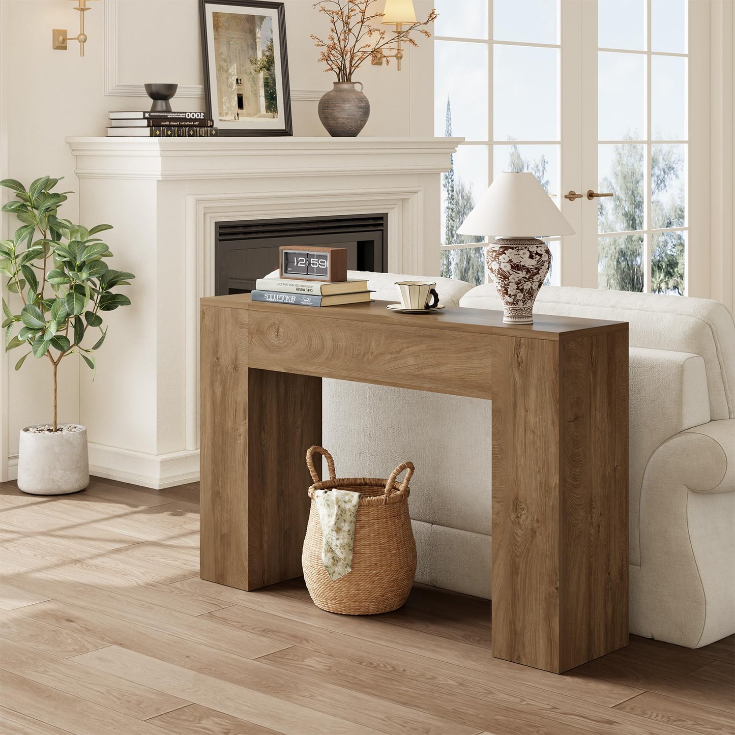 Wood Console Table for Entryway Living Room, 43-Inch Modern Sofa Table, Farmhouse Small Rectangular Accent Console with Wooden Double Base for Behind Couch Hallway Foyer Entrance, Light Oak Brown