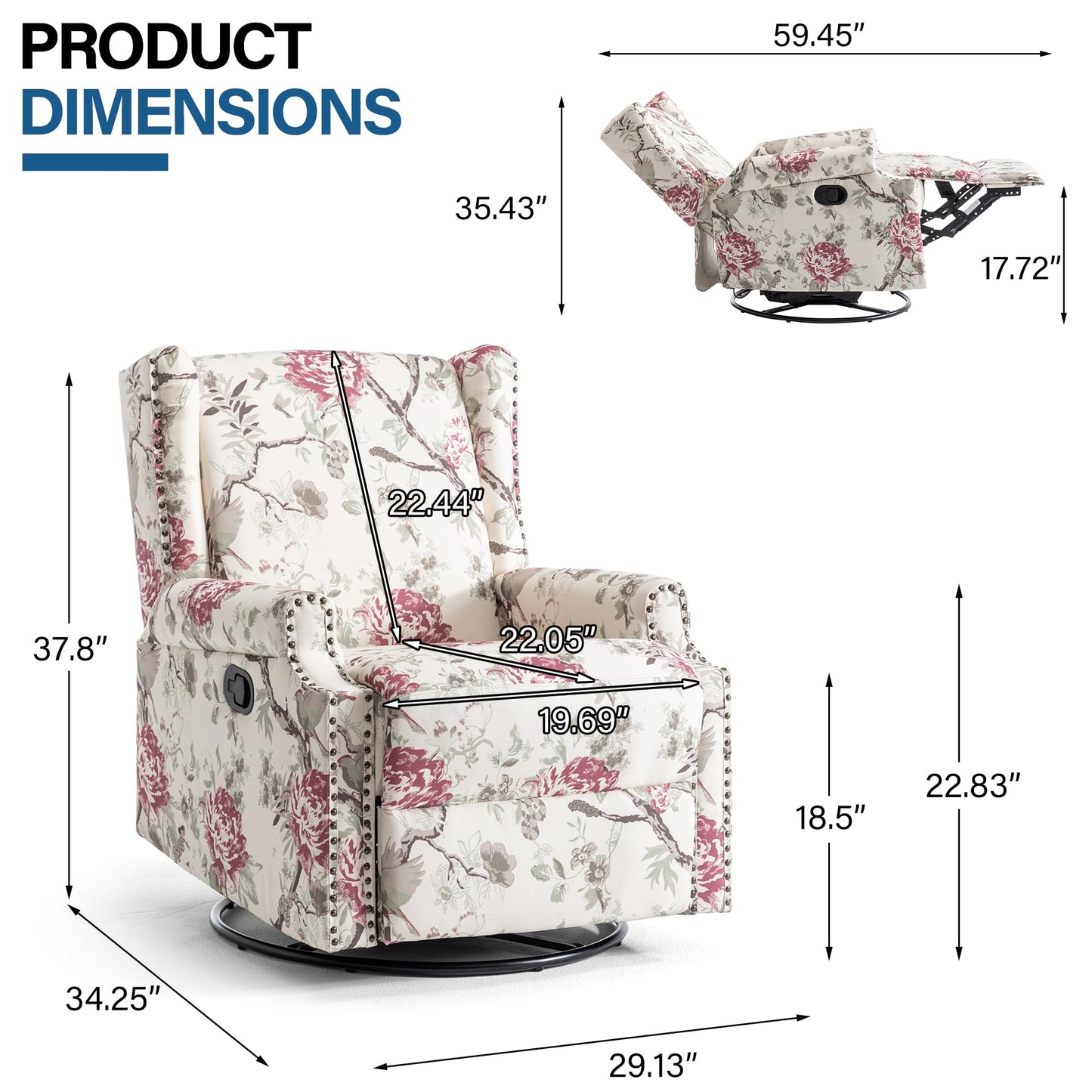 Swivel Rocker Recliner Chair, 360° Swivel Wingback Recliner Chairs for Adults, Upholstered Printed Fabric Glider Rocking Chair with High Back, Deep Seat for Living Romm Bedroom, Bird