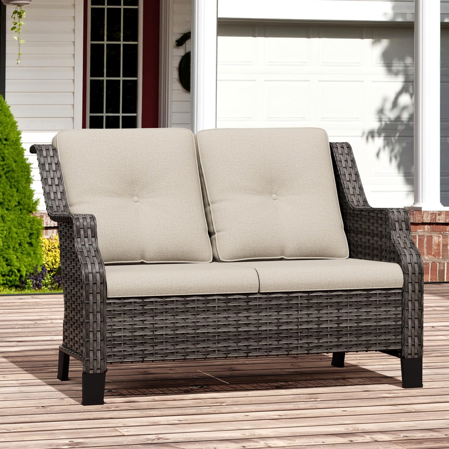 Outdoor Patio Loveseat, All-Weather 2-Seater Wicker Loveseat with Cushions, Outdoor Patio Love Seat Sofa for Garden, Balcony and Deck