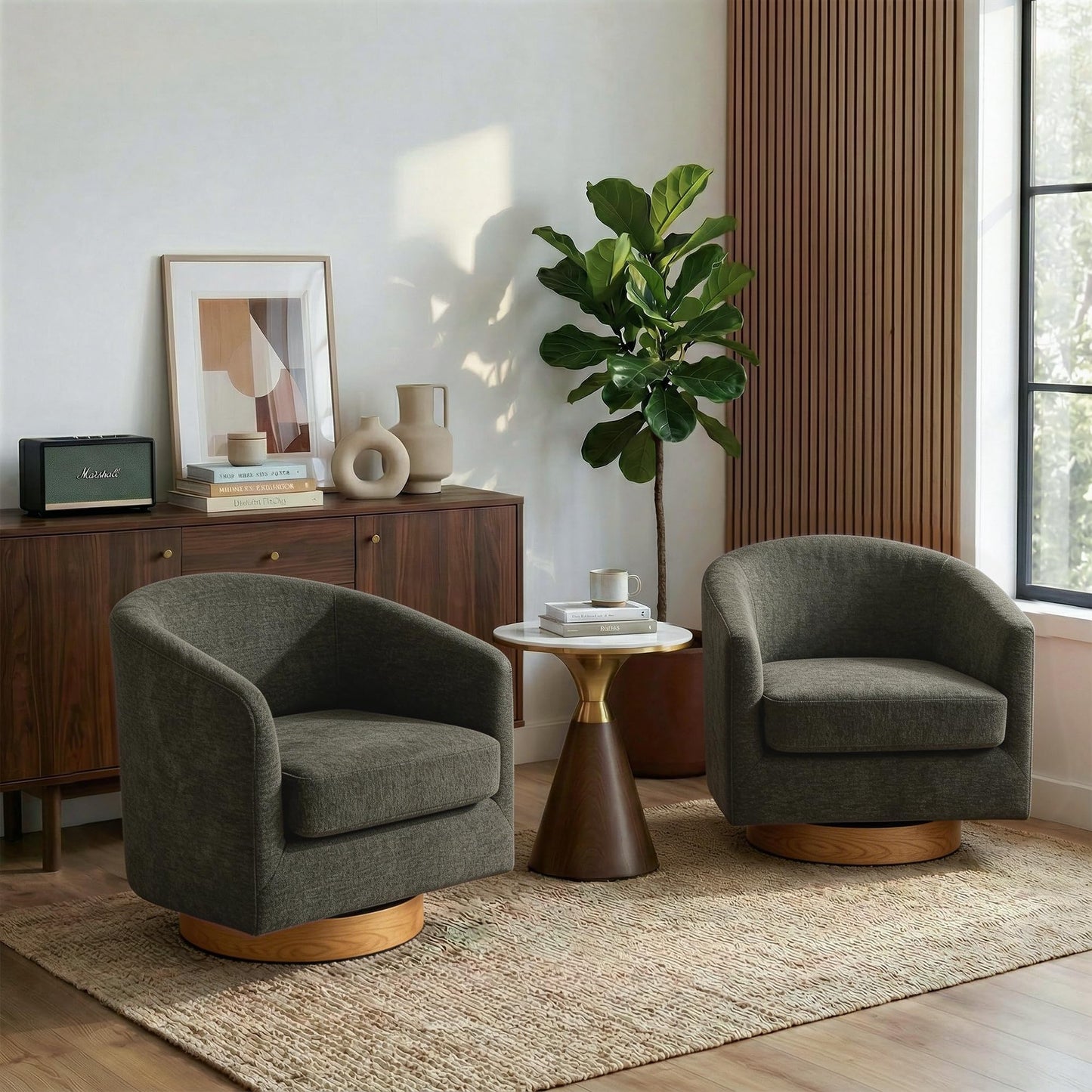 Swivel Barrel Chairs Set of 2, 31" W Modern Faux Leather Round Swivel Accent Chair for Living Room, 360° Rotation Upholstered Armchair Club Chair for Bedroom, Reading Room, Office (Brown)