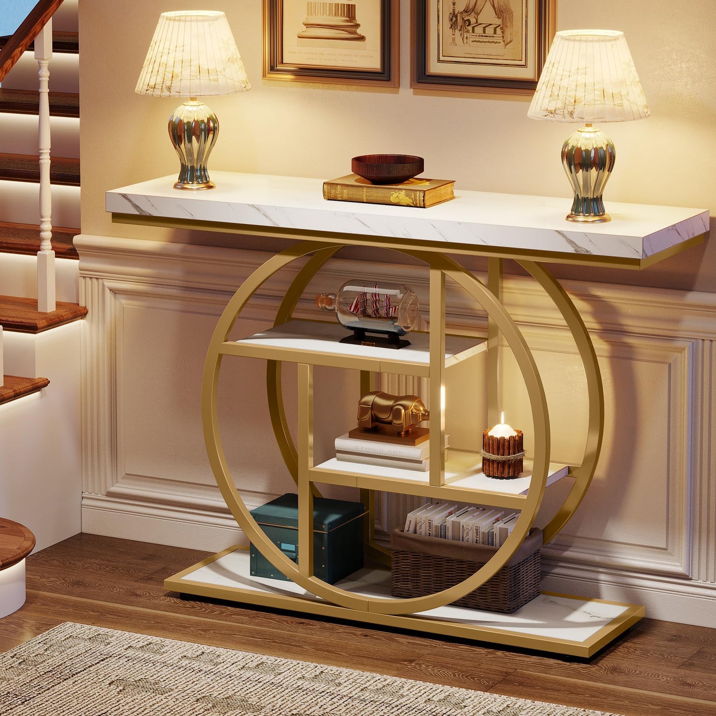 Tribesigns 41.3" Console Table, Industrial 4-Tier Sofa Table Entryway Table with Circle Base, Narrow Wood Accent Tables with Storage Shelves for Living Room, Hallway, Foyer, Rustic Brown