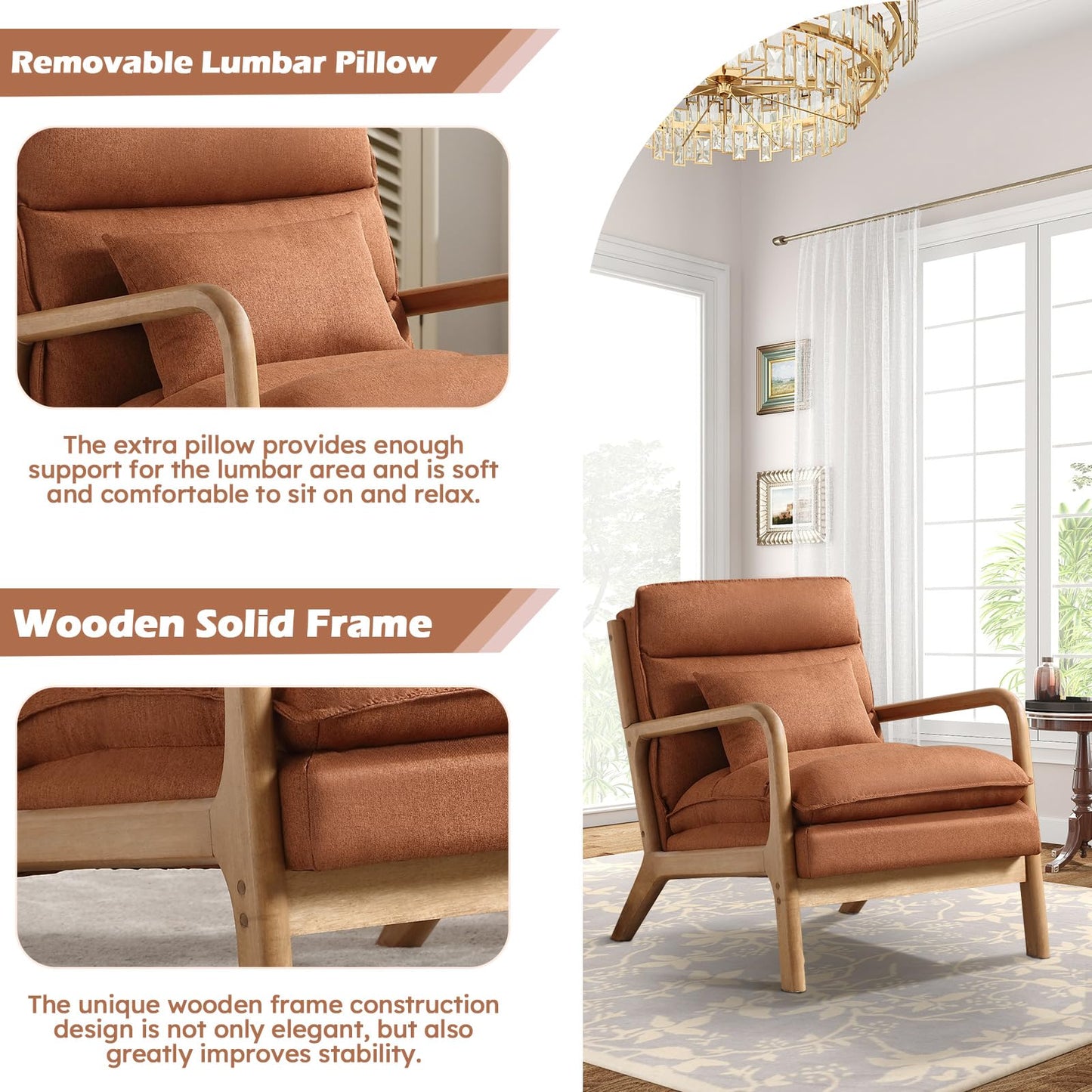 IOMOR Mid Century Modern Accent Chair, Upholstered Lounge Armchair with Plump Back Pillow, Comfy Reading Chair with Solid Wood Frame for Bedroom Living Room, Brown