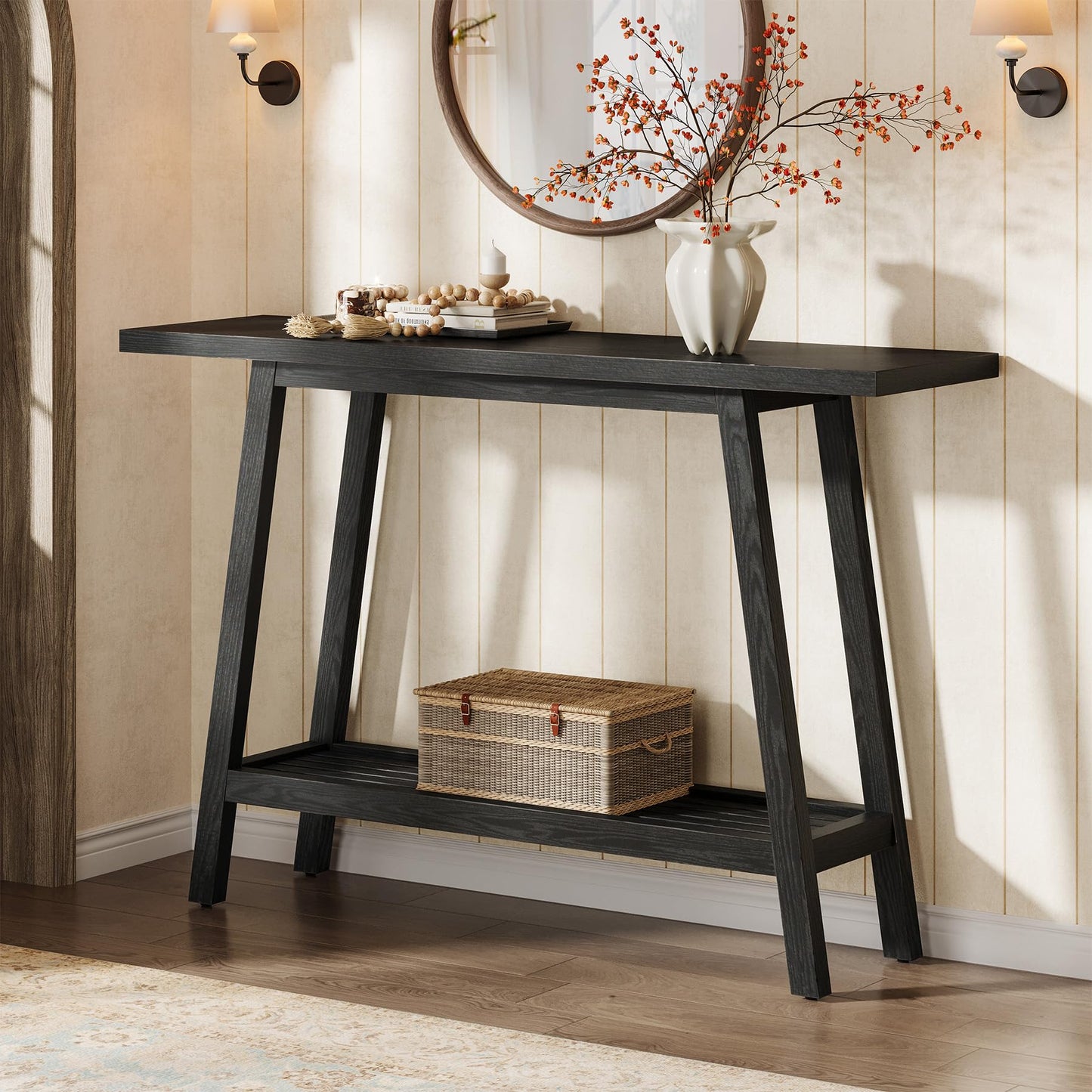 Solid Wood Console Table, 41.3" Rustic Entryway Table with Storage Shelf, 2 Tiers Narrow Skinny Couch Table Behind Sofa for Hallway, Entrance, Foyer, Living Room, Brown (Brown)