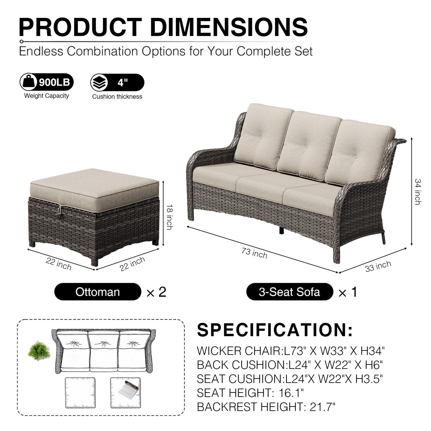 Joyside Outdoor Patio Couch, 3 Seater Outdoor Wicker Sofa with High Back, Deep Seating, Wide Armrest, Thickened Cushions, Patio Sofa for Deck, Porch Use