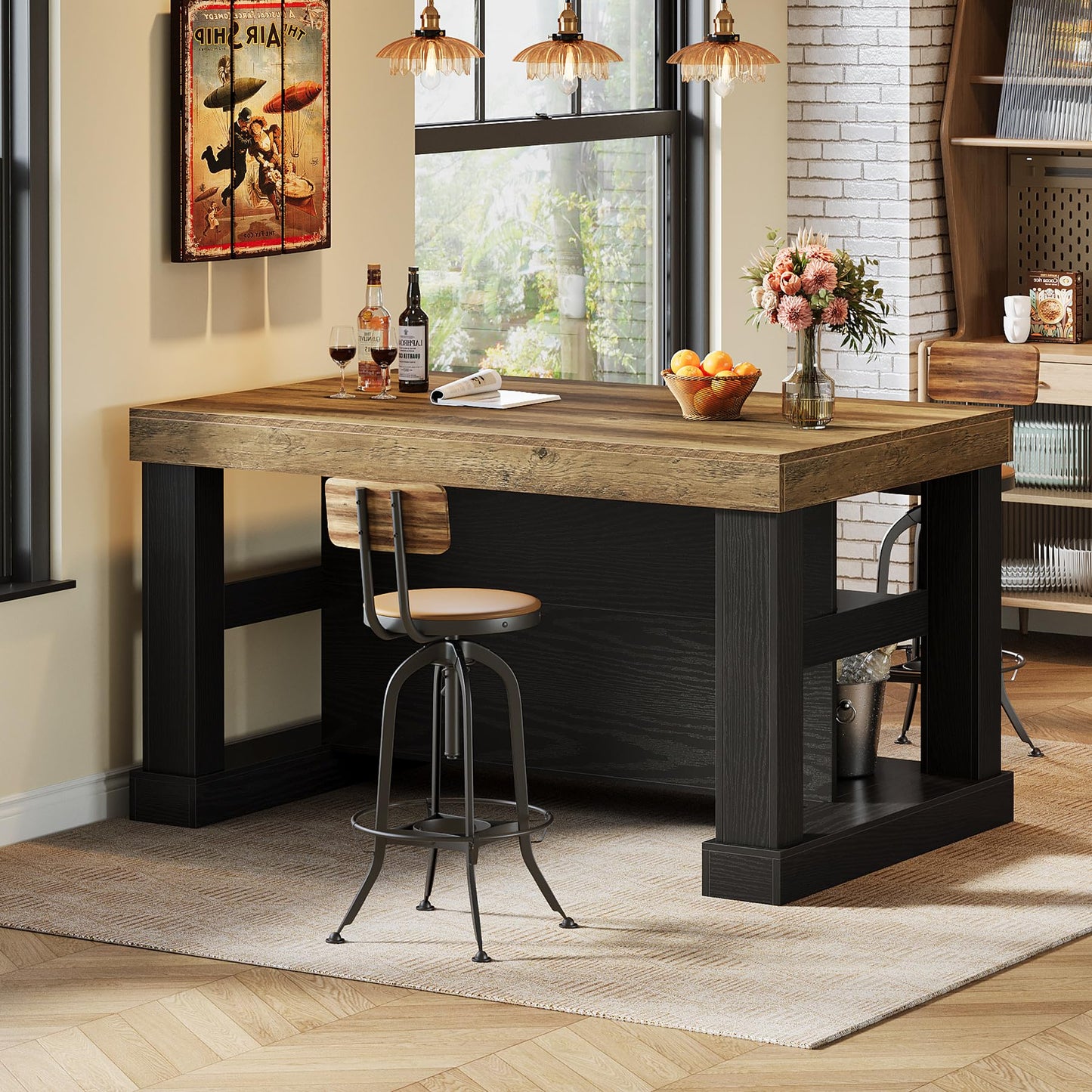 Tribesigns 55" Kitchen Island with Seating and Storage, 3-Tier Farmhouse Wood Stationary Island Table with Large Worktop & Leg Room, Coffee Bar Table with Storage Shelves for Kitchen, White and Brown