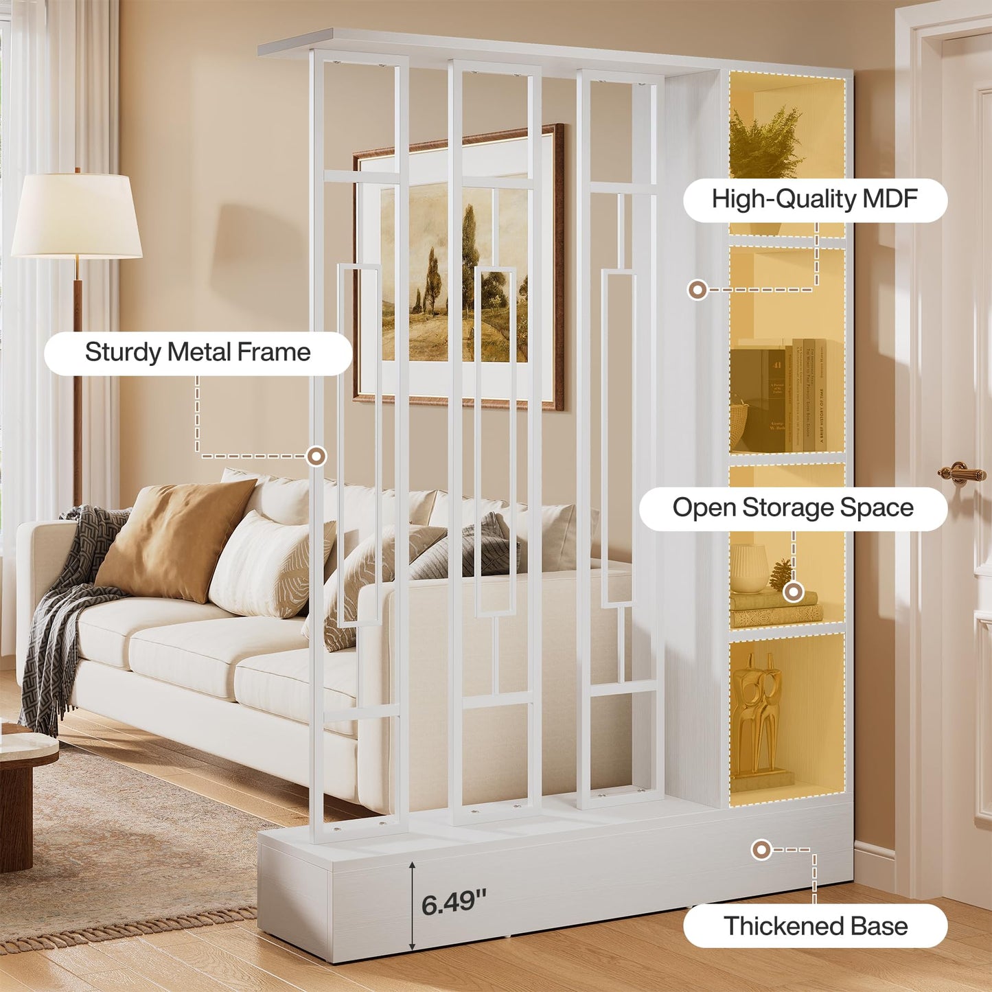 Tribesigns Wall Room Divider with Display Shelves, 70.9" Modern Freestanding Room Divider Screen with Sturdy Base, Wall Partition for Home & Office (Brown & Black, 47.2" W x 11.8" D x 70.9" H)