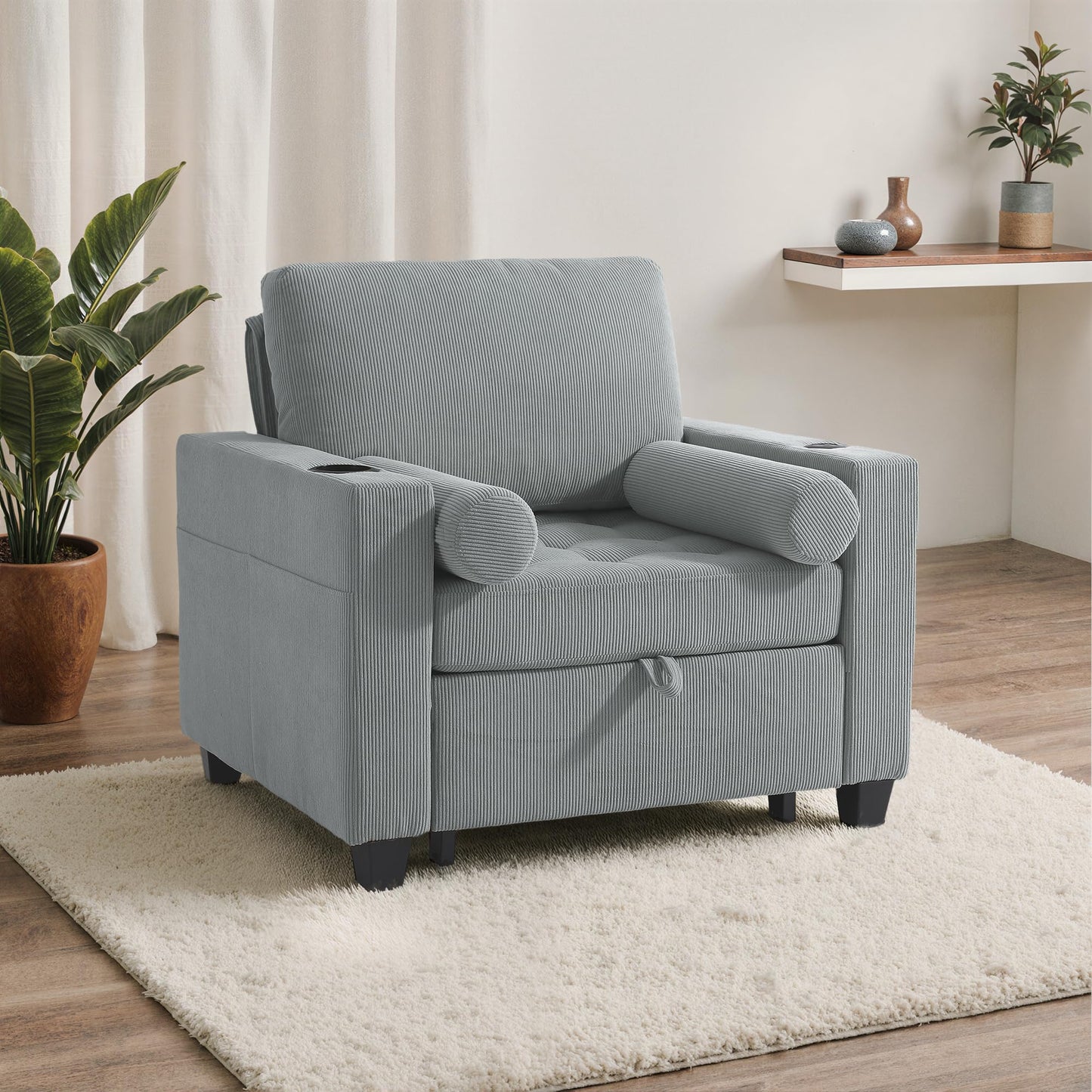 Sleeper Sofa Chair Bed, 3-in-1 Convertible Sleeper Chair with Pull Out Bed, Comfy Corduroy Sofa Bed Couch with Reclining Adjustable Backrest, USB Ports, Cup Holder, Side Pocket (Gray, 38.8")