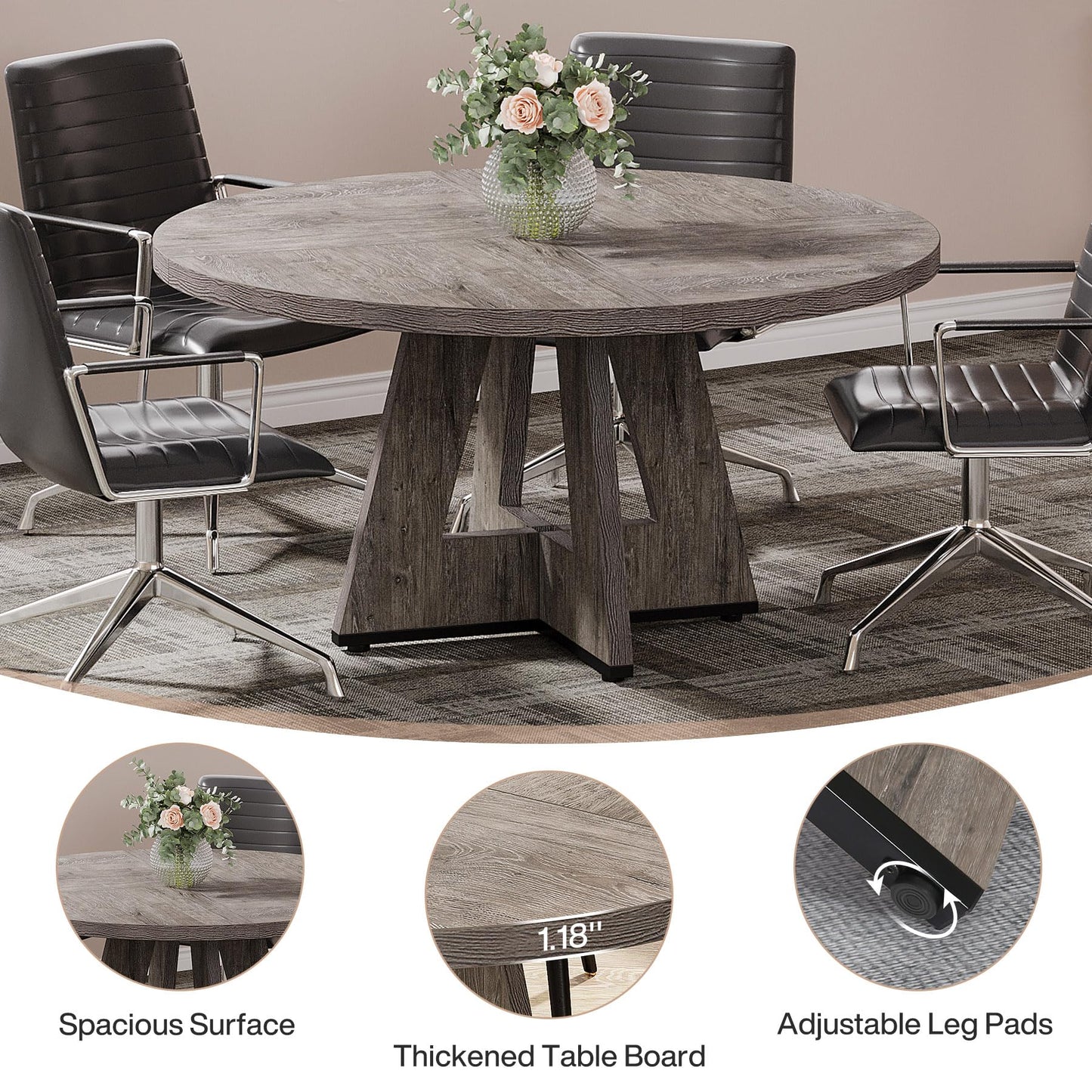 Tribesigns 47-Inch Round Conference Table for 4-6 People, Wooden Meeting Room Table with Thicken Tabletop and Wood Base (Grey)