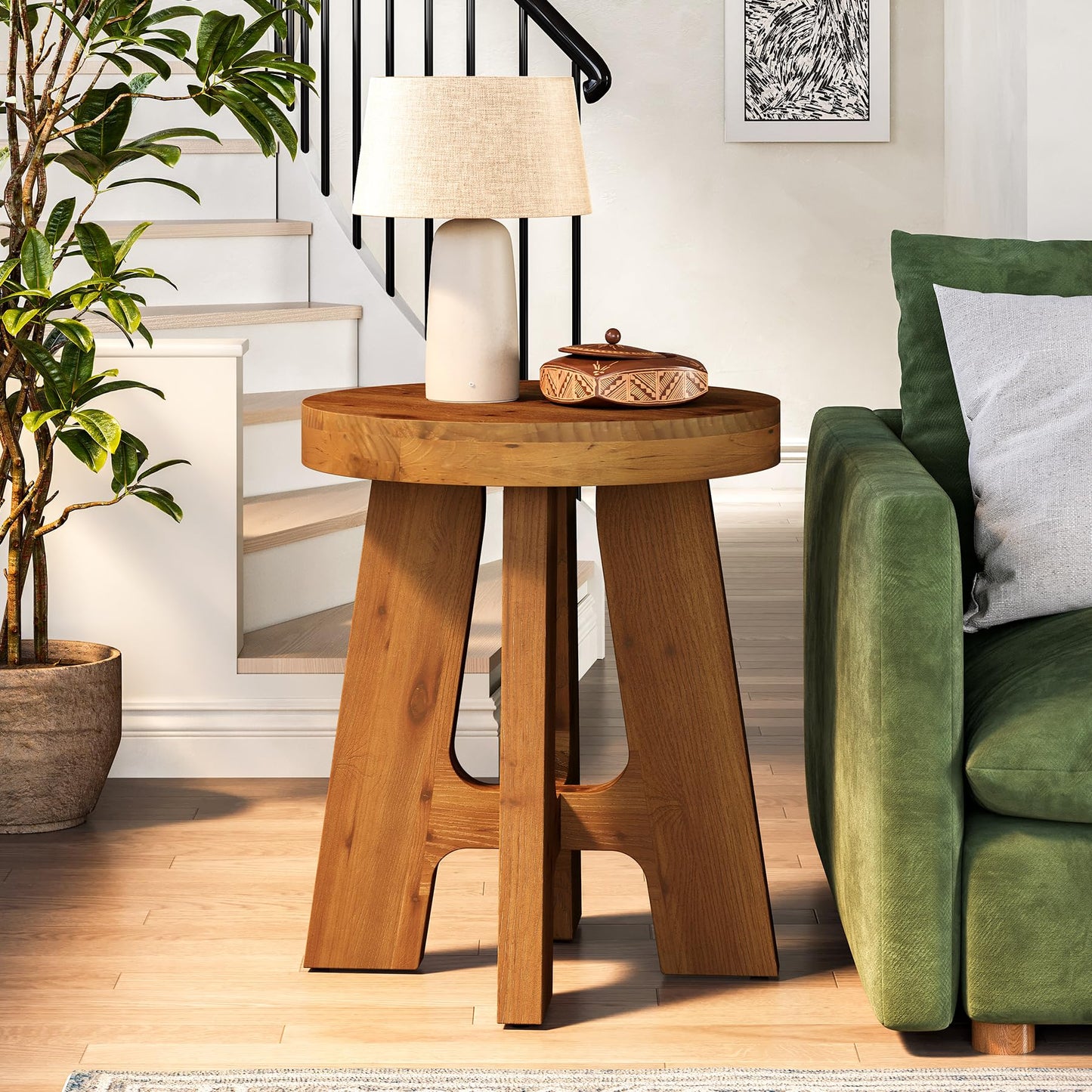 Set of 2 Round End Table, Farmhouse Solid Wood Side Table for Couch, Mid Century Modern Side Table with Heavy-Duty Leg, Wood Bedside Table for Bedroom, Small Spaces, Walnut